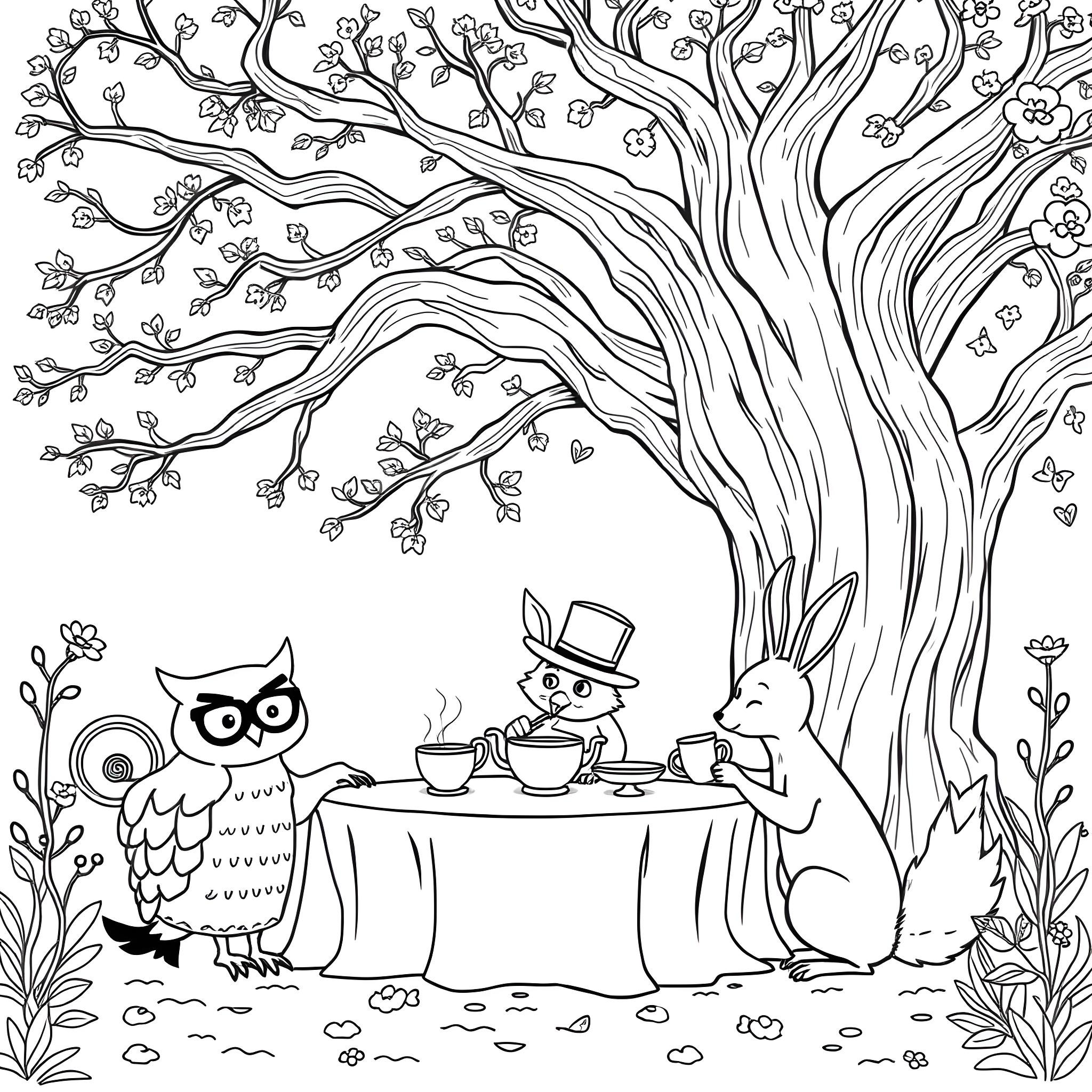 Animal friends having a tea party in the forest Coloring Page (free black-and-white line drawing printable PDF for all, from beginners to advanced learners, including children, teens, adults, and seniors)