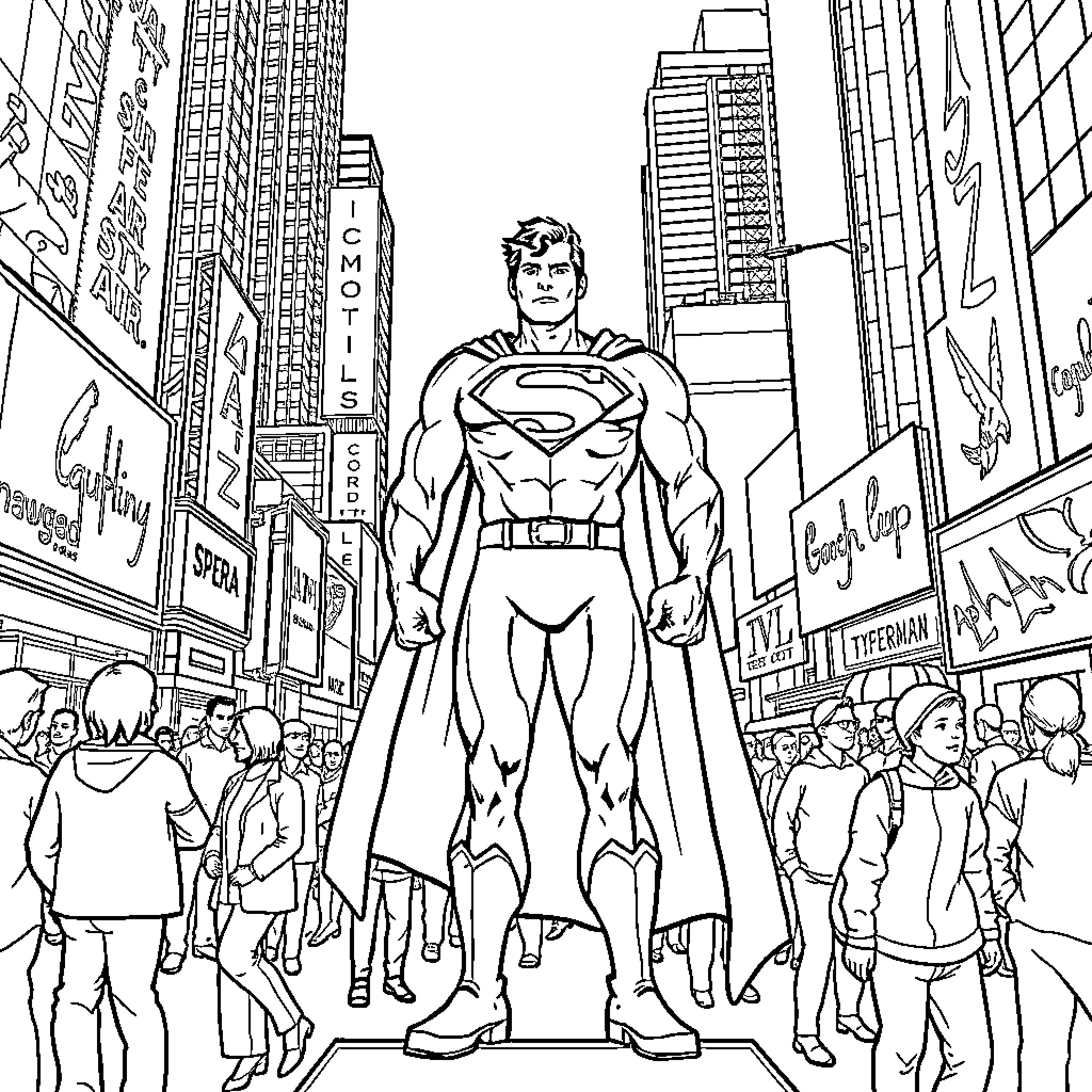 Superman standing tall in the city streets Coloring Page (free black-and-white line drawing printable PDF for all, from beginners to advanced learners, including children, teens, adults, and seniors)