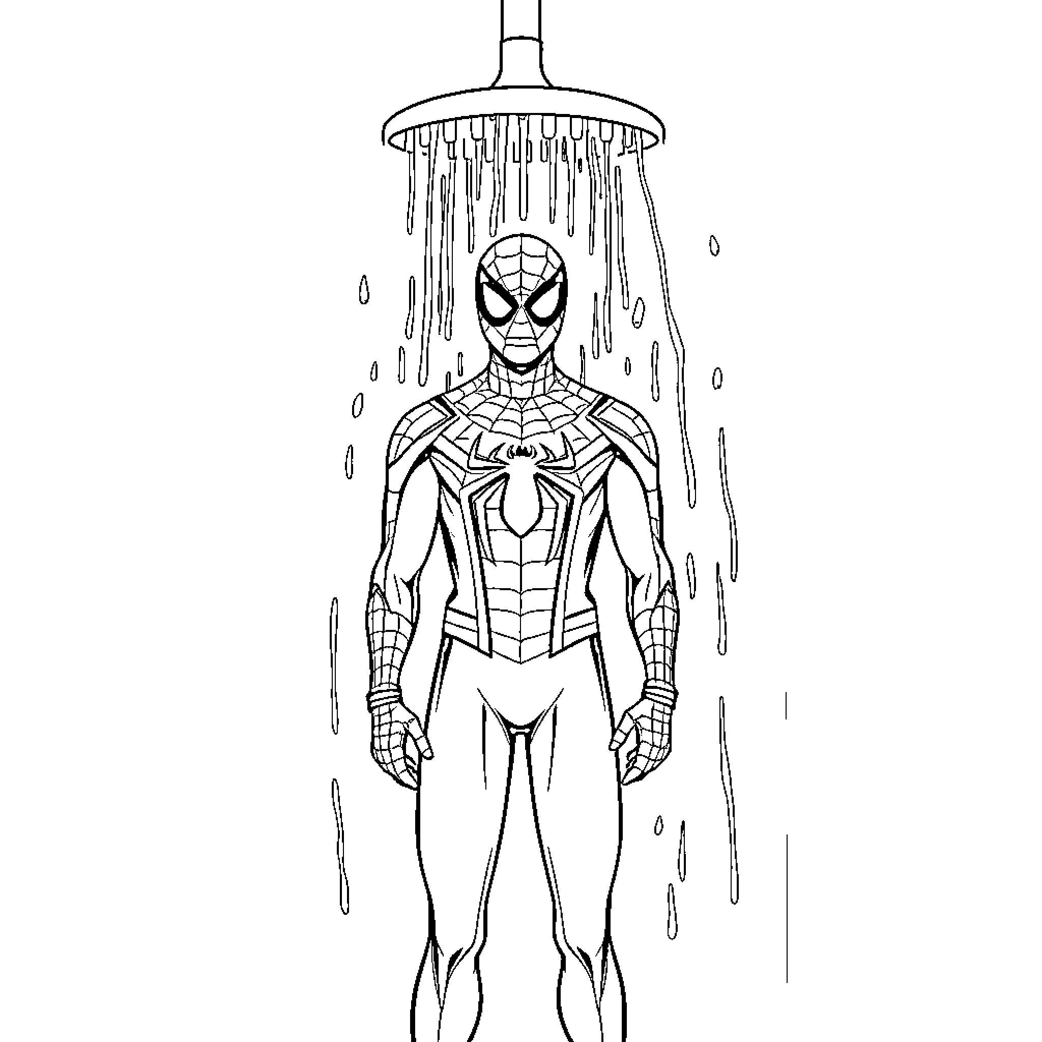 Spiderman Taking a Shower in the Rain Coloring Page (free black-and-white line drawing printable PDF for all, from beginners to advanced learners, including children, teens, adults, and seniors)