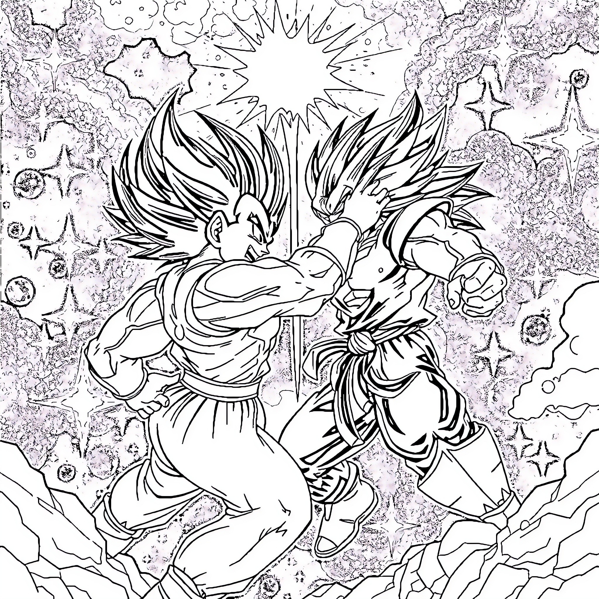 Vegeta and Goku's Fierce Battle in the Cosmos Coloring Page (free black-and-white line drawing printable PDF for all, from beginners to advanced learners, including children, teens, adults, and seniors)