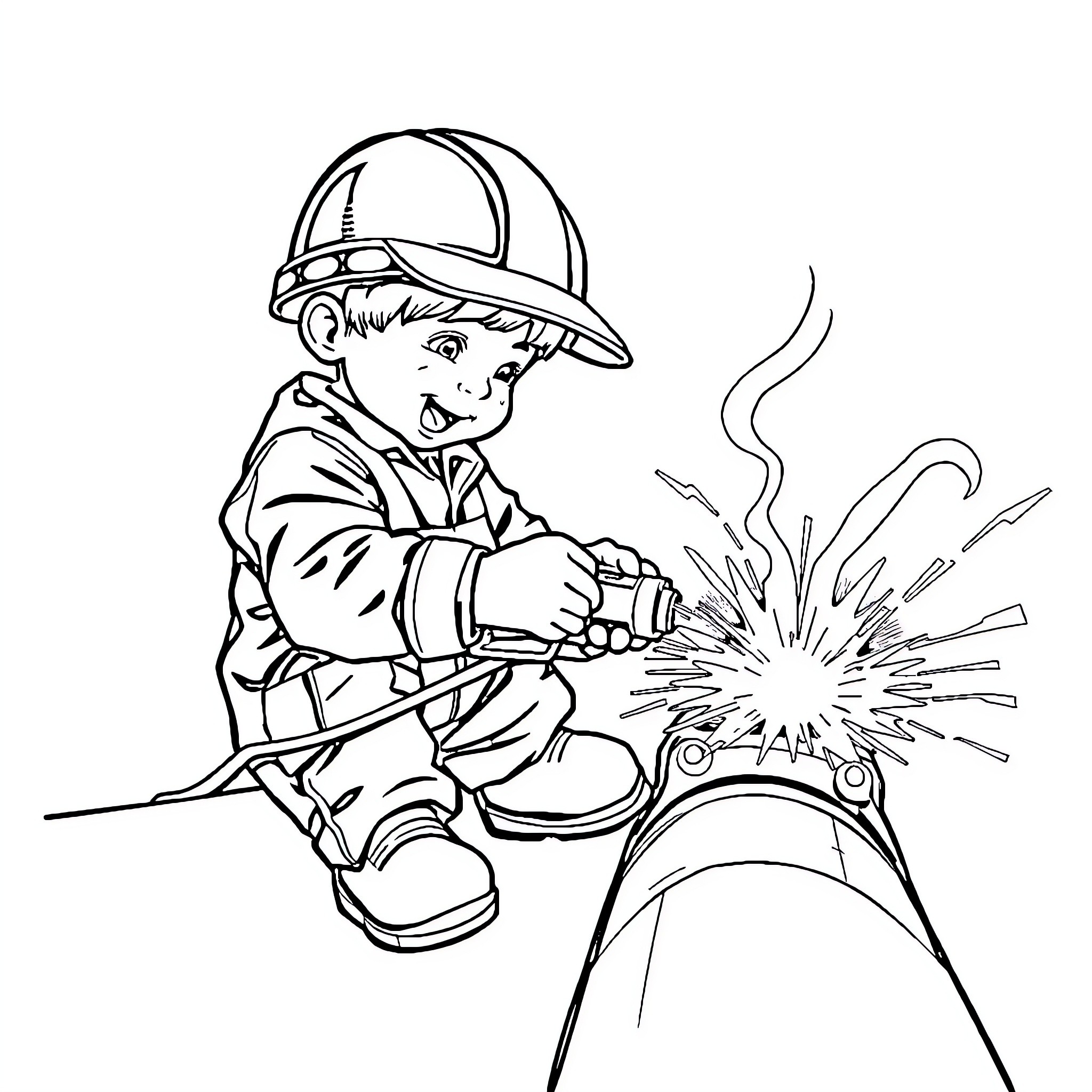 Toddler enjoying welding sparks with safety gear Coloring Page (free black-and-white line drawing printable PDF for all, from beginners to advanced learners, including children, teens, adults, and seniors)