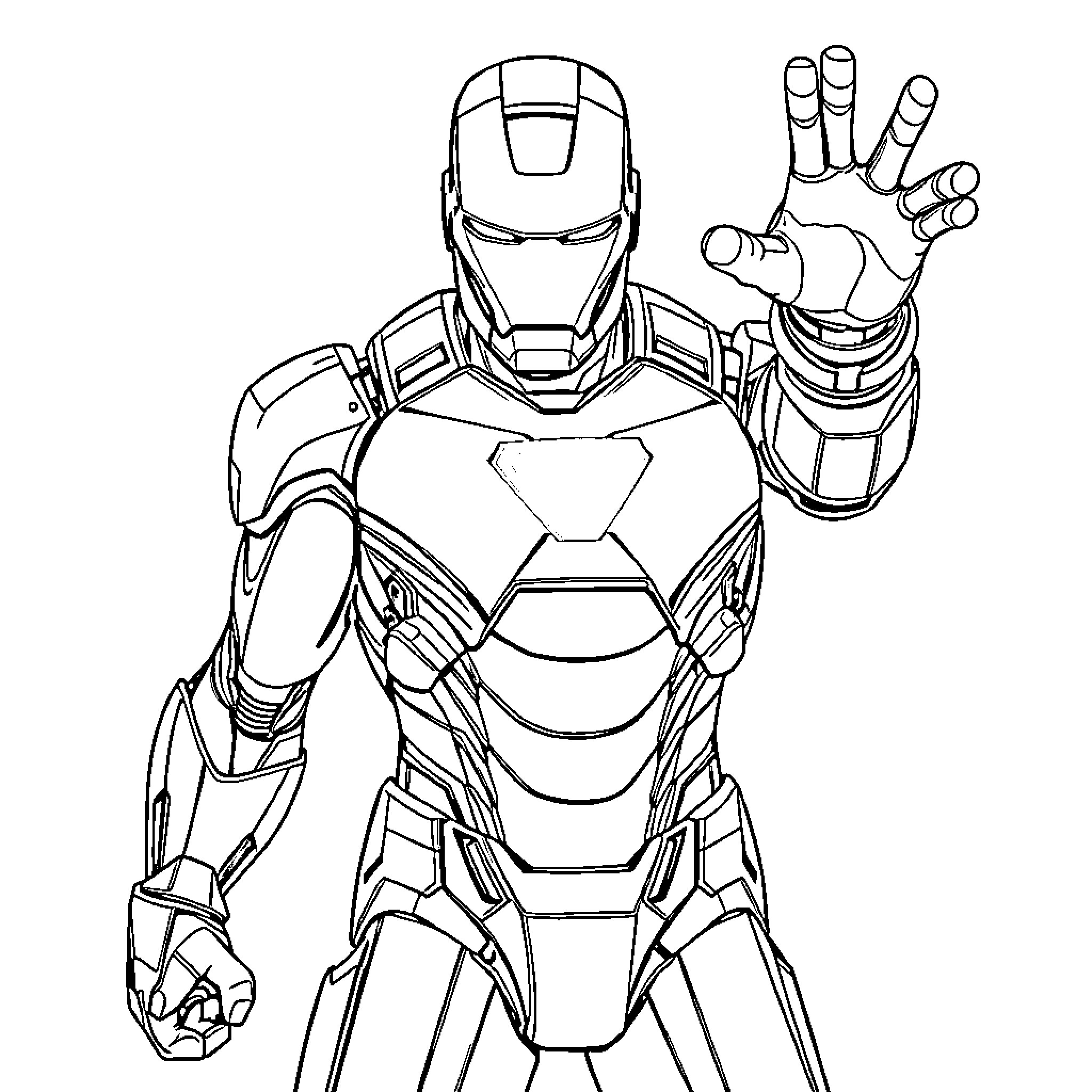 Ironman taking heroic action in futuristic suit Coloring Page (free black-and-white line drawing printable PDF for all, from beginners to advanced learners, including children, teens, adults, and seniors)