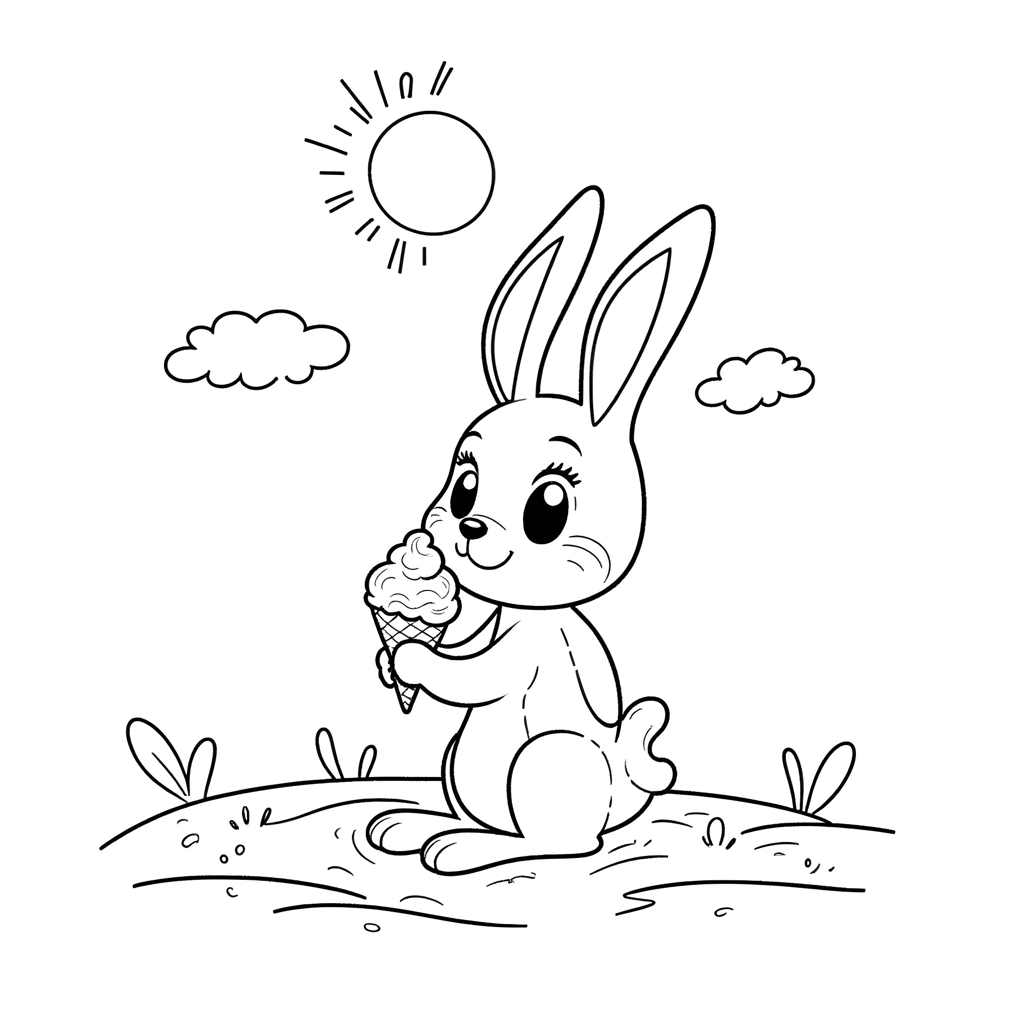Bane the Rabbit Enjoying an Ice Cream on a Sunny Day Coloring Page (free black-and-white line drawing printable PDF for all, from beginners to advanced learners, including children, teens, adults, and seniors)