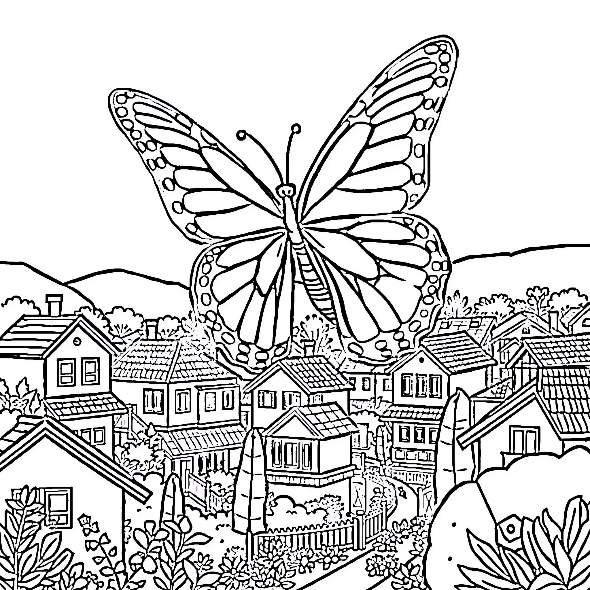 Butterfly soaring over idyllic town landscape Coloring Page (free black-and-white line drawing printable PDF for all, from beginners to advanced learners, including children, teens, adults, and seniors)
