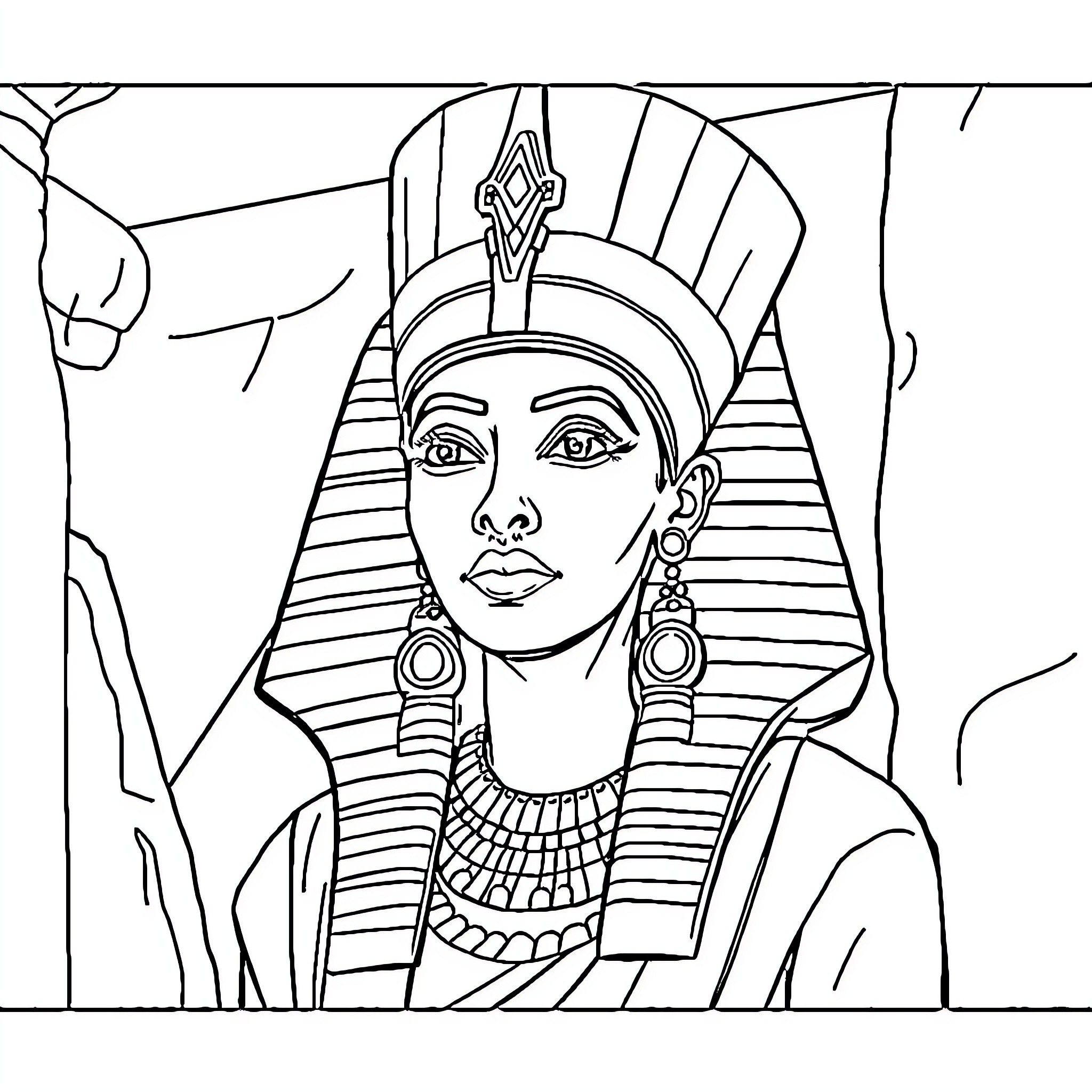 Nefertiti in her ornate headdress and jewelry Coloring Page (free black-and-white line drawing printable PDF for all, from beginners to advanced learners, including children, teens, adults, and seniors)