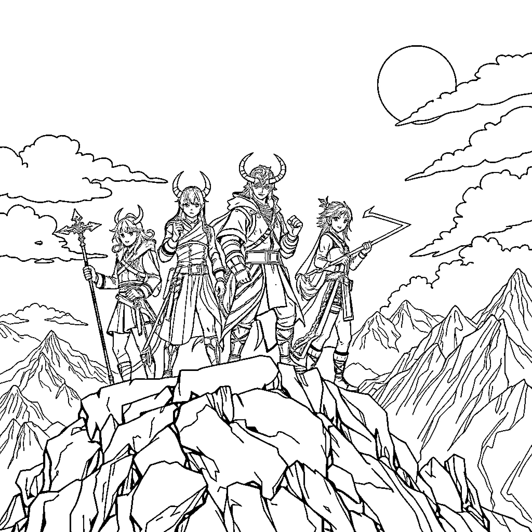 Demon warriors on a perilous mountain journey Coloring Page (free black-and-white line drawing printable PDF for all, from beginners to advanced learners, including children, teens, adults, and seniors)