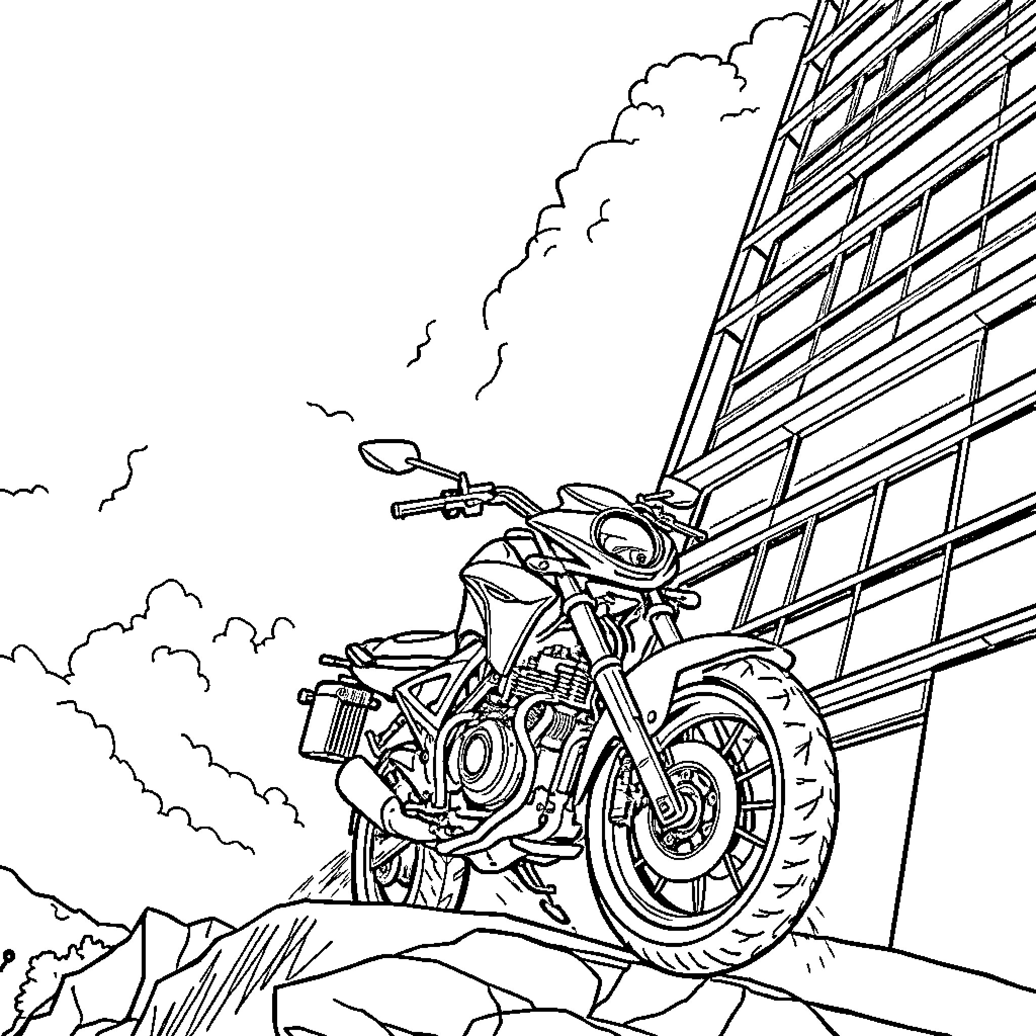 Moto riding through rocky terrain Coloring Page (free black-and-white line drawing printable PDF for all, from beginners to advanced learners, including children, teens, adults, and seniors)
