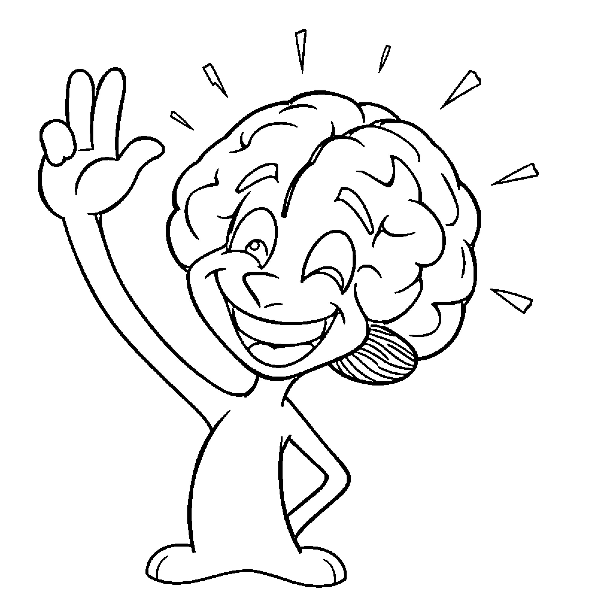 Brain expressing positivity and happiness Coloring Page (free black-and-white line drawing printable PDF for all, from beginners to advanced learners, including children, teens, adults, and seniors)