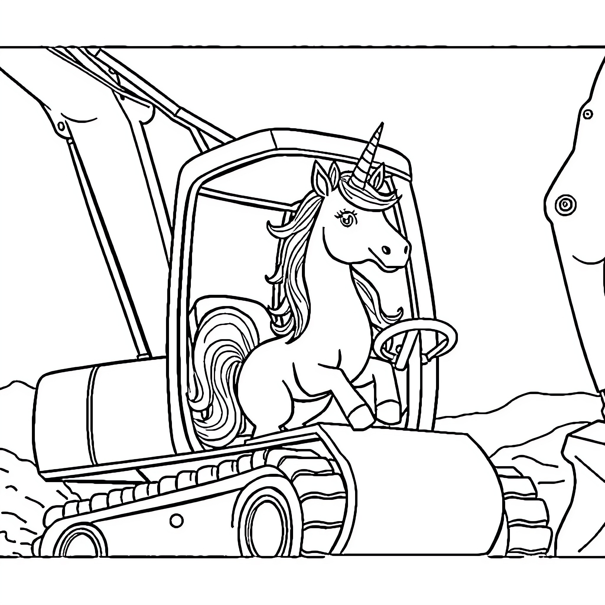Unicorn Riding Excavator in Magical Landscape Coloring Page (free black-and-white line drawing printable PDF for all, from beginners to advanced learners, including children, teens, adults, and seniors)