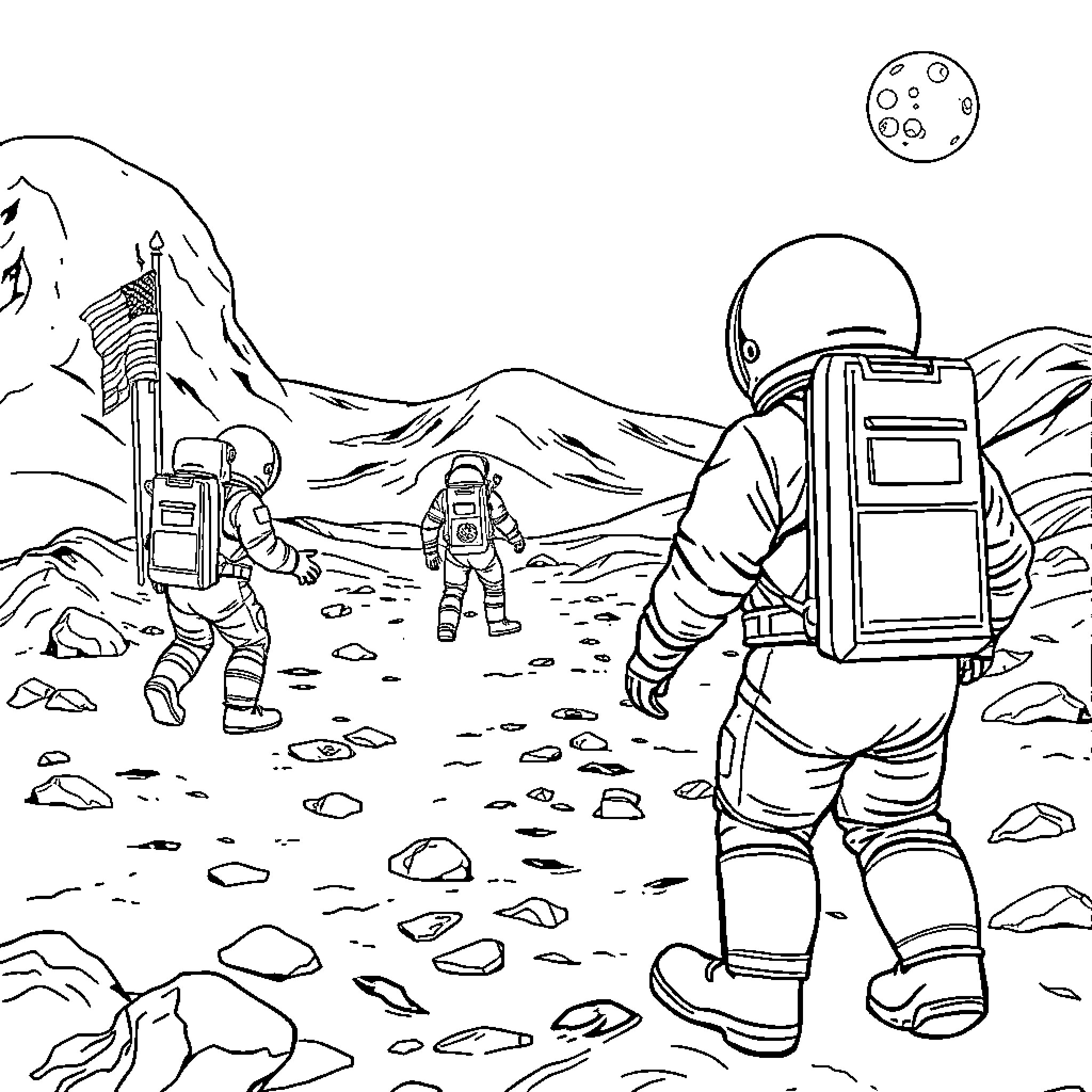 Moon astronauts exploring the lunar landscape Coloring Page (free black-and-white line drawing printable PDF for all, from beginners to advanced learners, including children, teens, adults, and seniors)