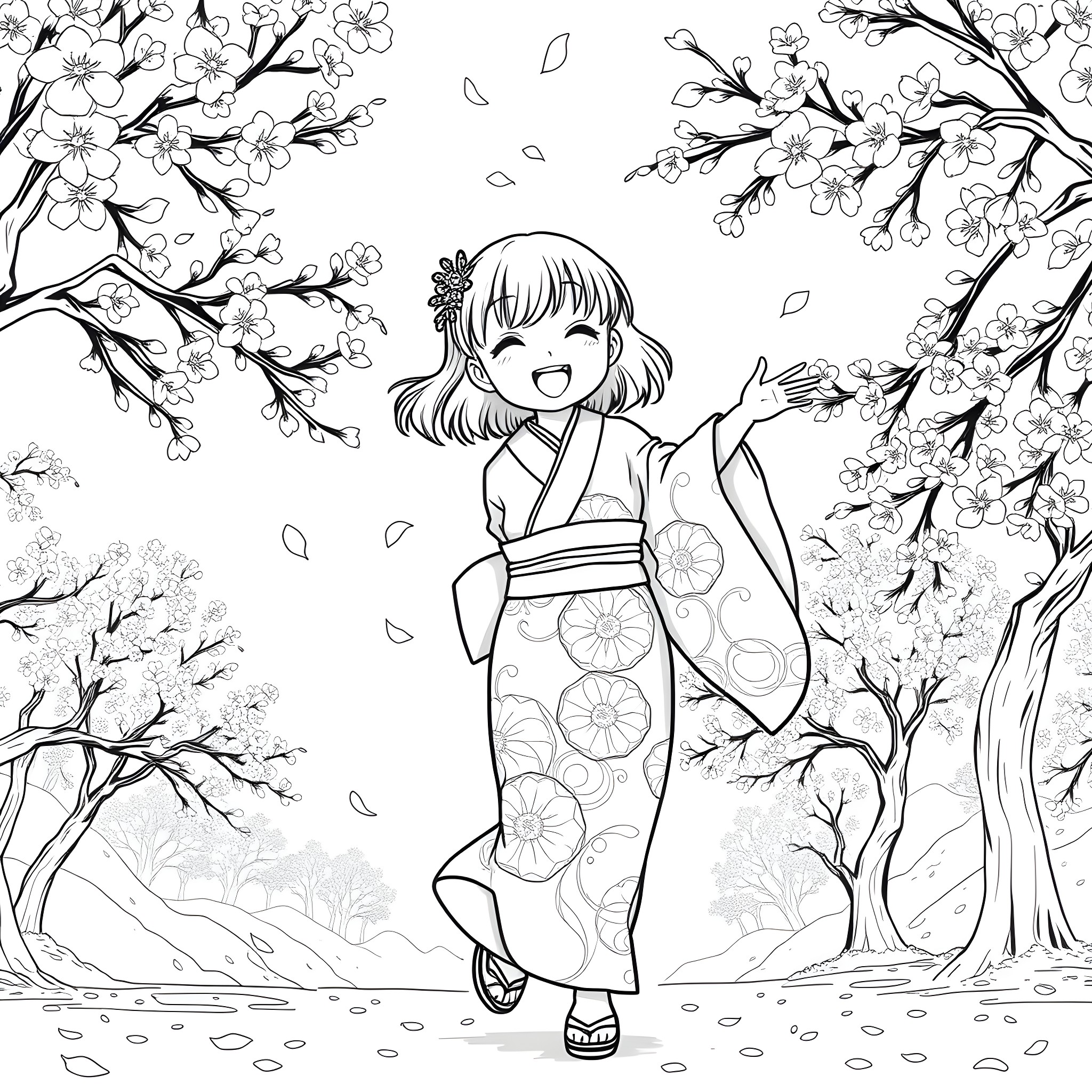 Aiko's Joyful Cherry Blossom Stroll Coloring Page (free black-and-white line drawing printable PDF for all, from beginners to advanced learners, including children, teens, adults, and seniors)