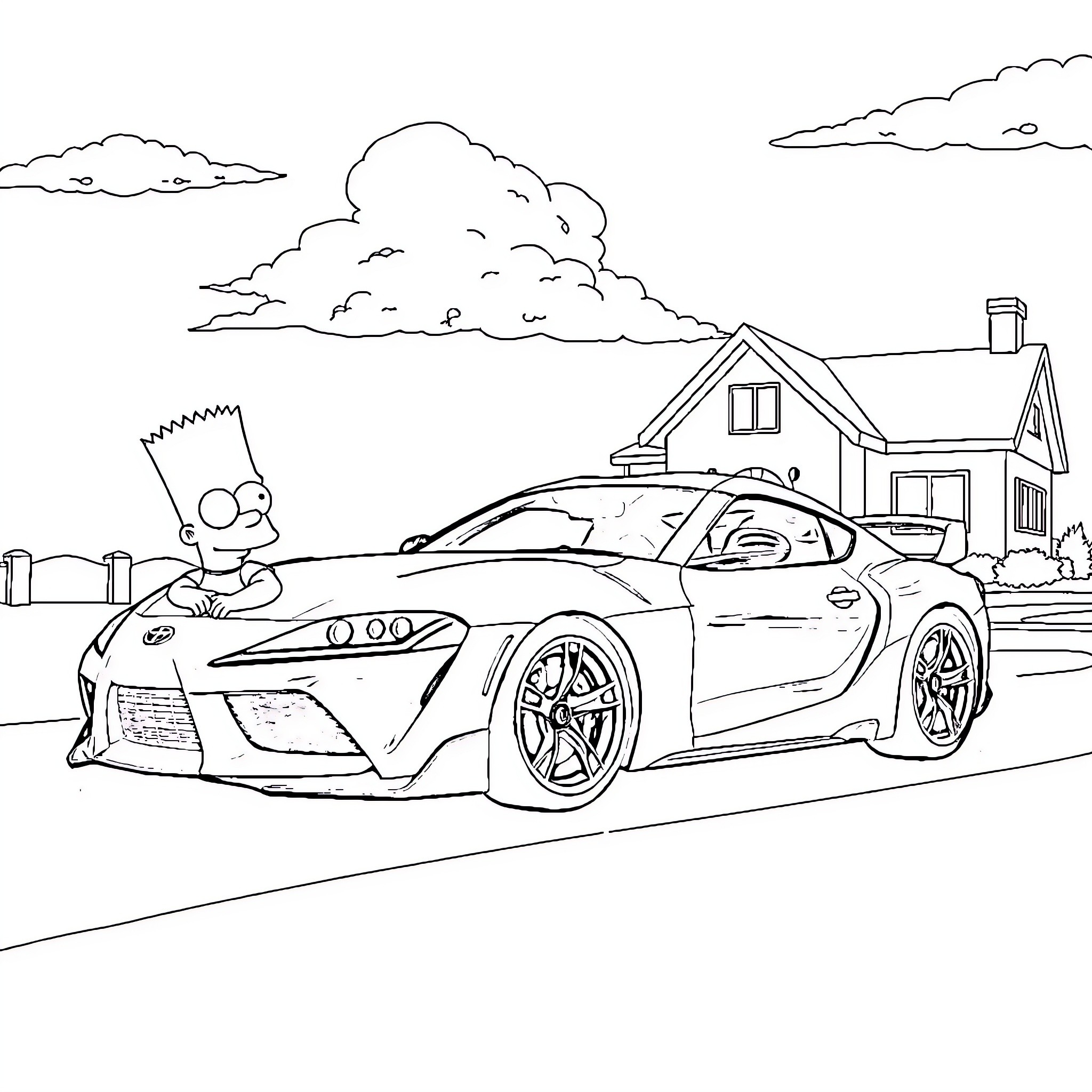Bart Simpson driving a sporty car on the street Coloring Page (free black-and-white line drawing printable PDF for all, from beginners to advanced learners, including children, teens, adults, and seniors)