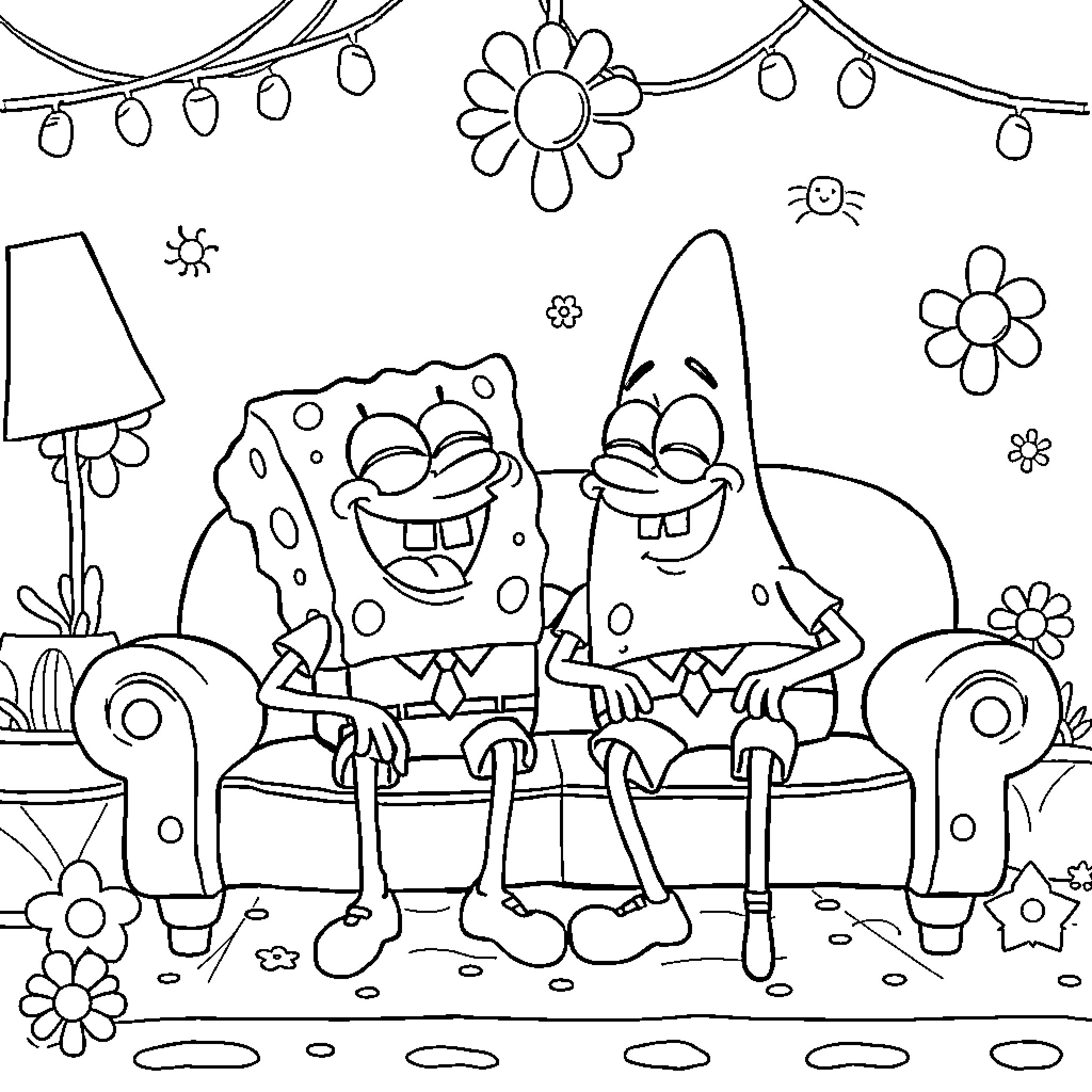 Spongebob and Patrick having fun in their home Coloring Page (free black-and-white line drawing printable PDF for all, from beginners to advanced learners, including children, teens, adults, and seniors)
