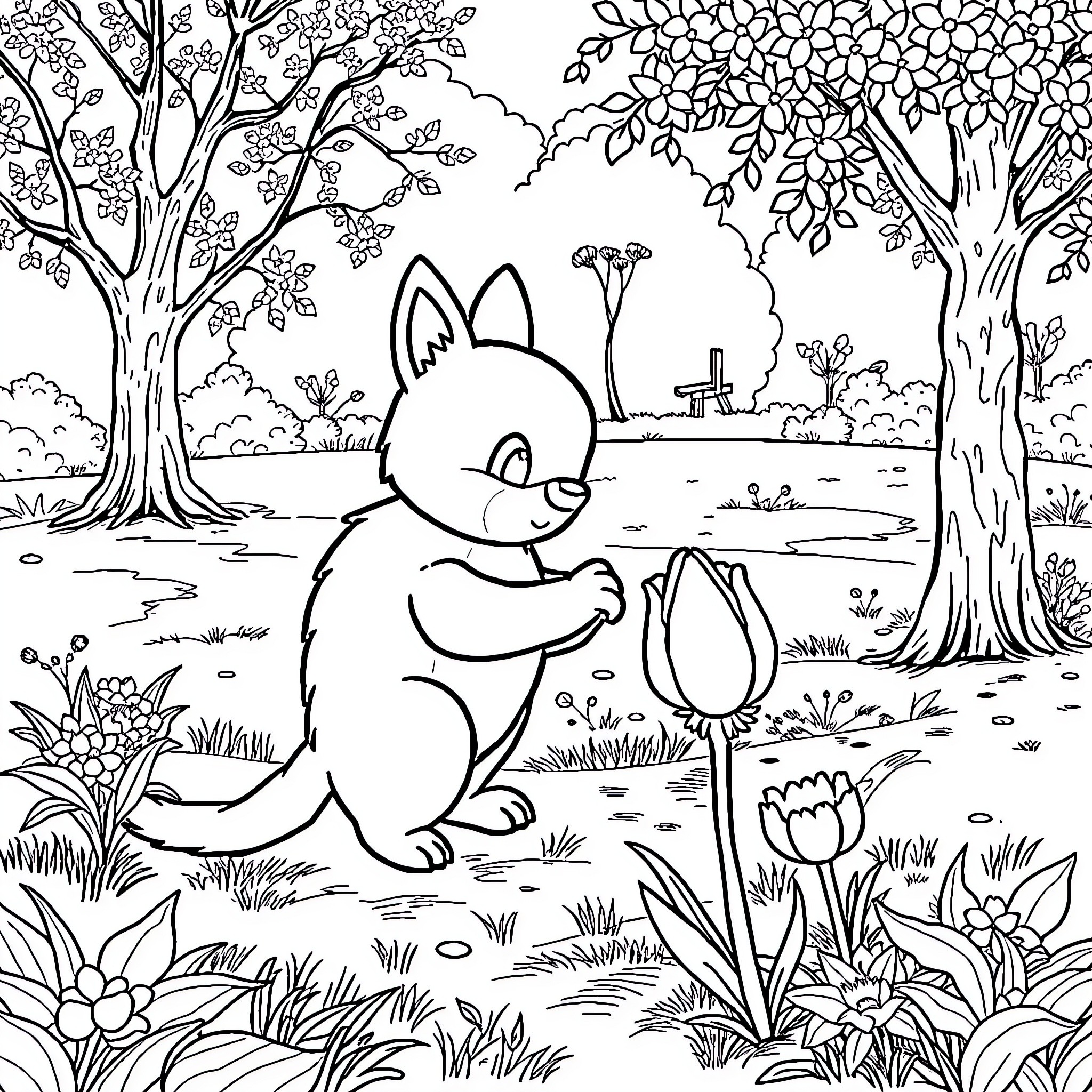 Bluey in the Spring Garden Coloring Page (free black-and-white line drawing printable PDF for all, from beginners to advanced learners, including children, teens, adults, and seniors)