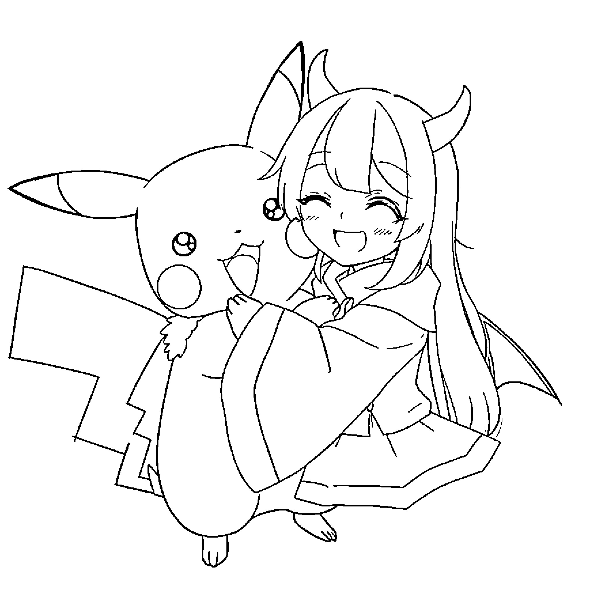 Pikachu Enjoying a Playful Hug Coloring Page (free black-and-white line drawing printable PDF for all, from beginners to advanced learners, including children, teens, adults, and seniors)