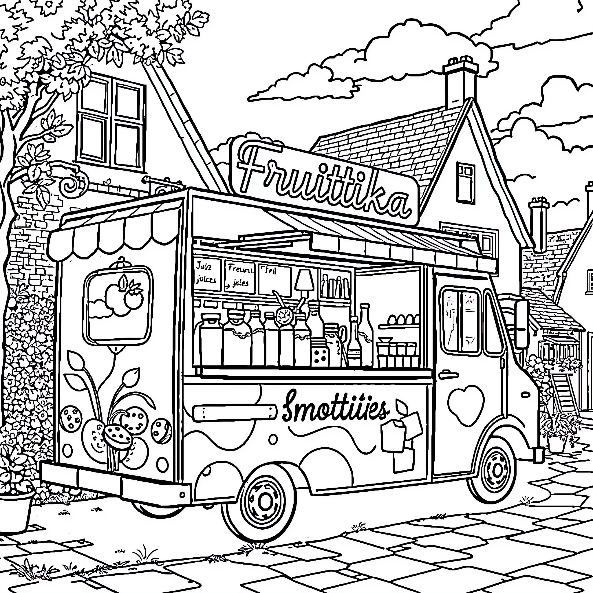 Food Truck Serving Tasty Treats in a Cozy Village Coloring Page (free black-and-white line drawing printable PDF for all, from beginners to advanced learners, including children, teens, adults, and seniors)