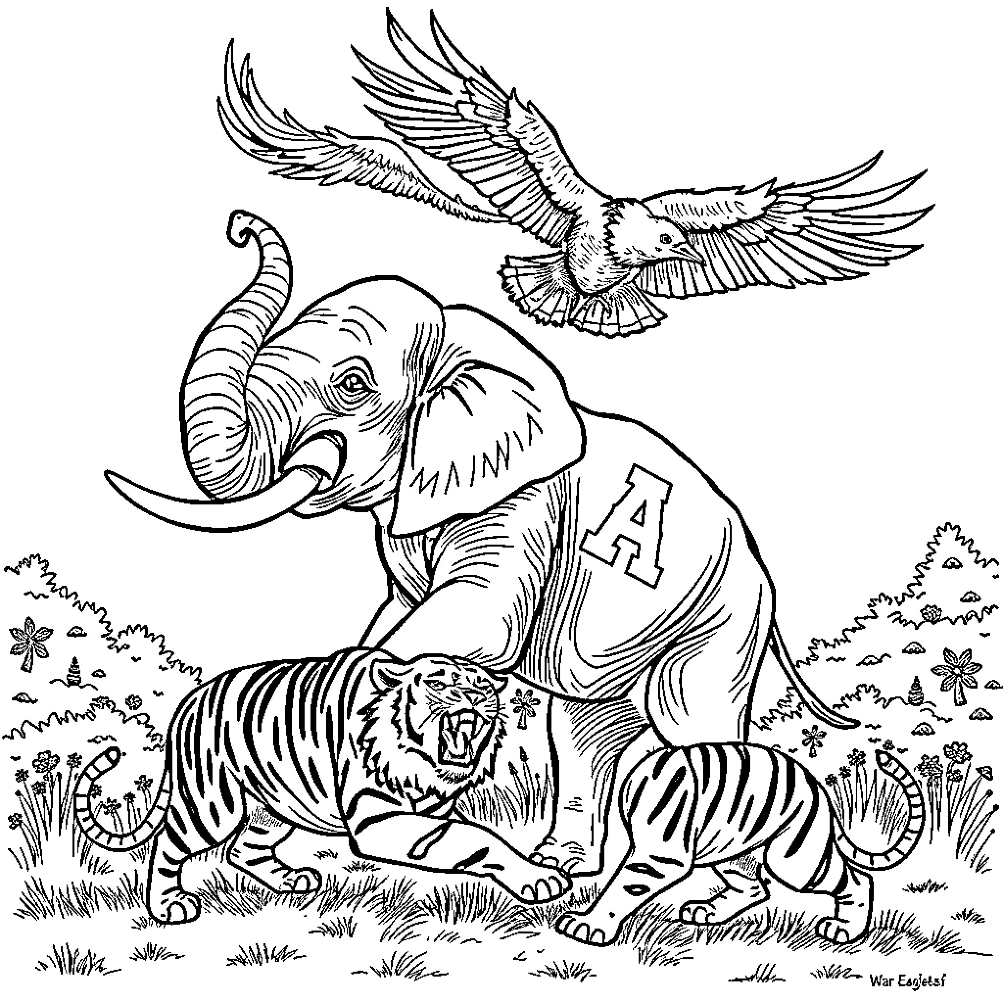 Elephant in the jungle with a flying bird Coloring Page (free black-and-white line drawing printable PDF for all, from beginners to advanced learners, including children, teens, adults, and seniors)