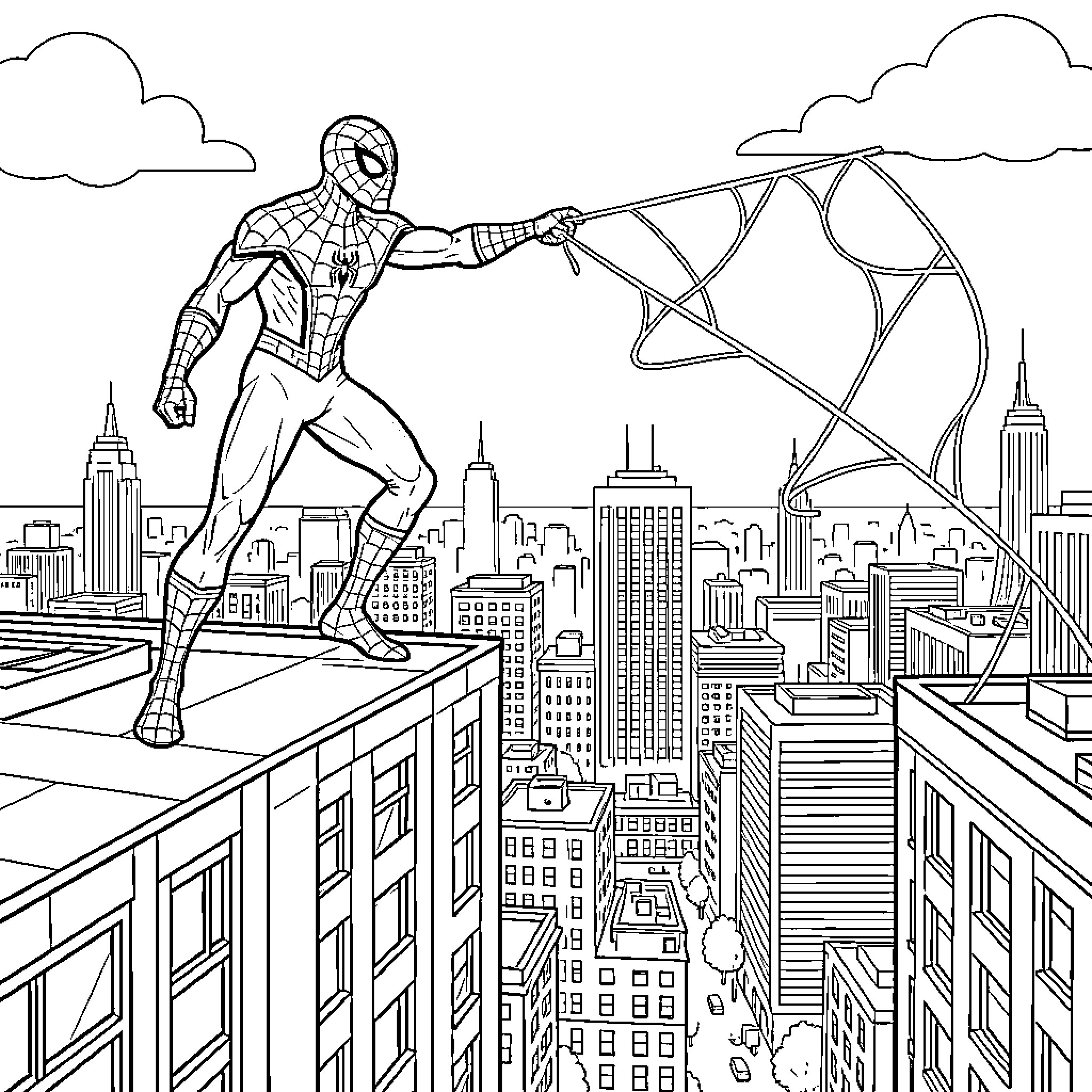 Spiderman shooting webs while standing on a building rooftop Coloring Page (free black-and-white line drawing printable PDF for all, from beginners to advanced learners, including children, teens, adults, and seniors)