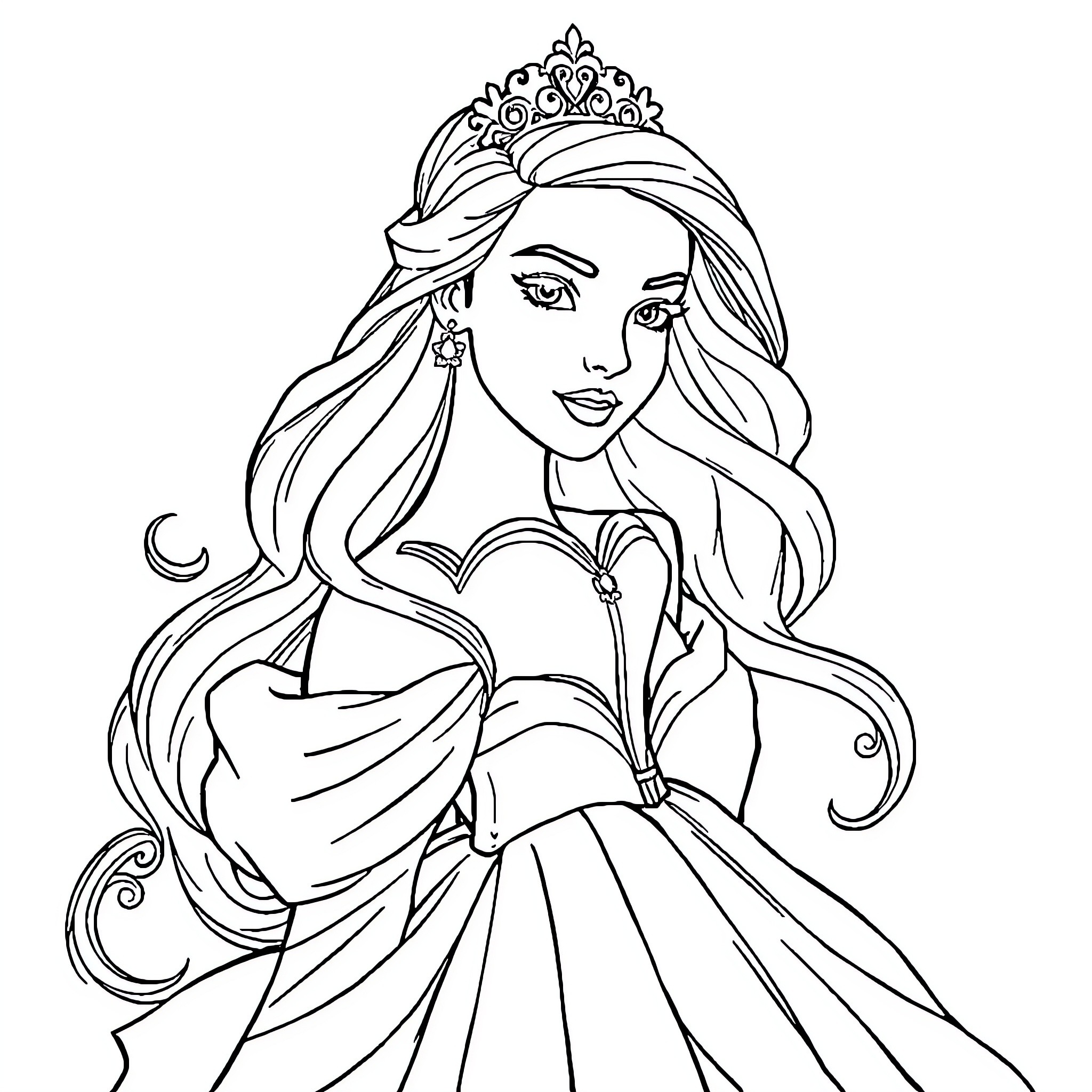 Princess in elegant dress and crown Coloring Page (free black-and-white line drawing printable PDF for all, from beginners to advanced learners, including children, teens, adults, and seniors)