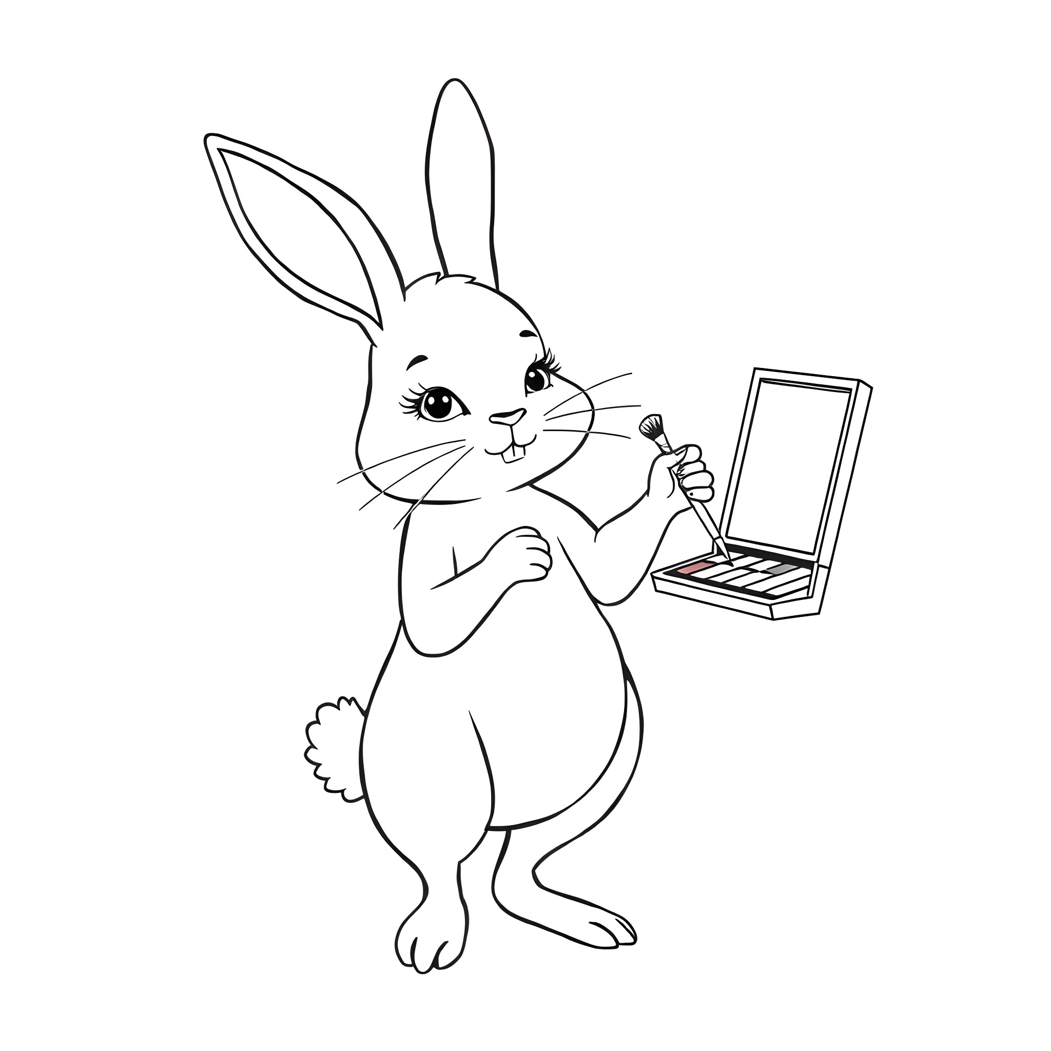 Rabbit applying makeup in front of mirror Coloring Page (free black-and-white line drawing printable PDF for all, from beginners to advanced learners, including children, teens, adults, and seniors)