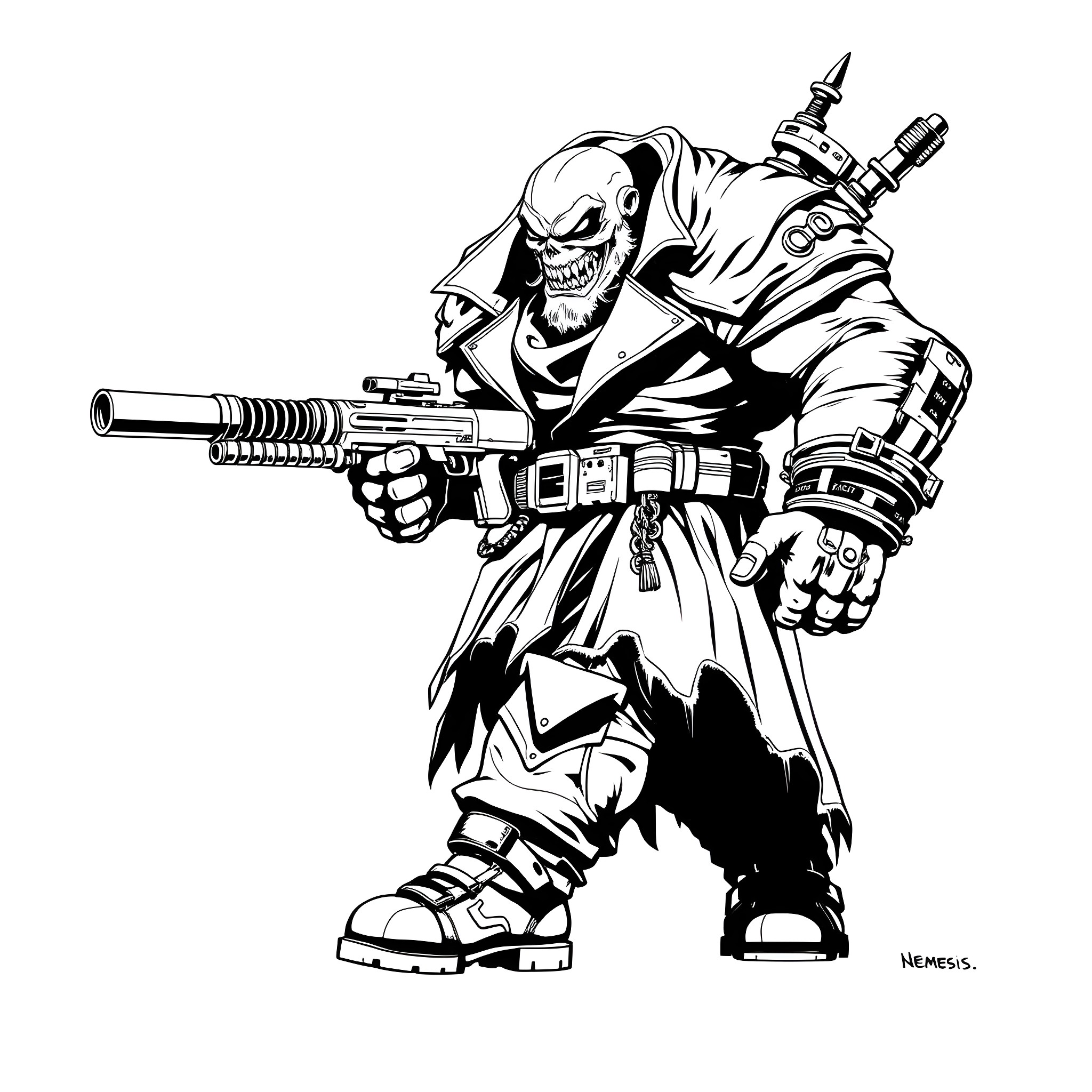 Zombie warrior wielding futuristic weapons Coloring Page (free black-and-white line drawing printable PDF for all, from beginners to advanced learners, including children, teens, adults, and seniors)