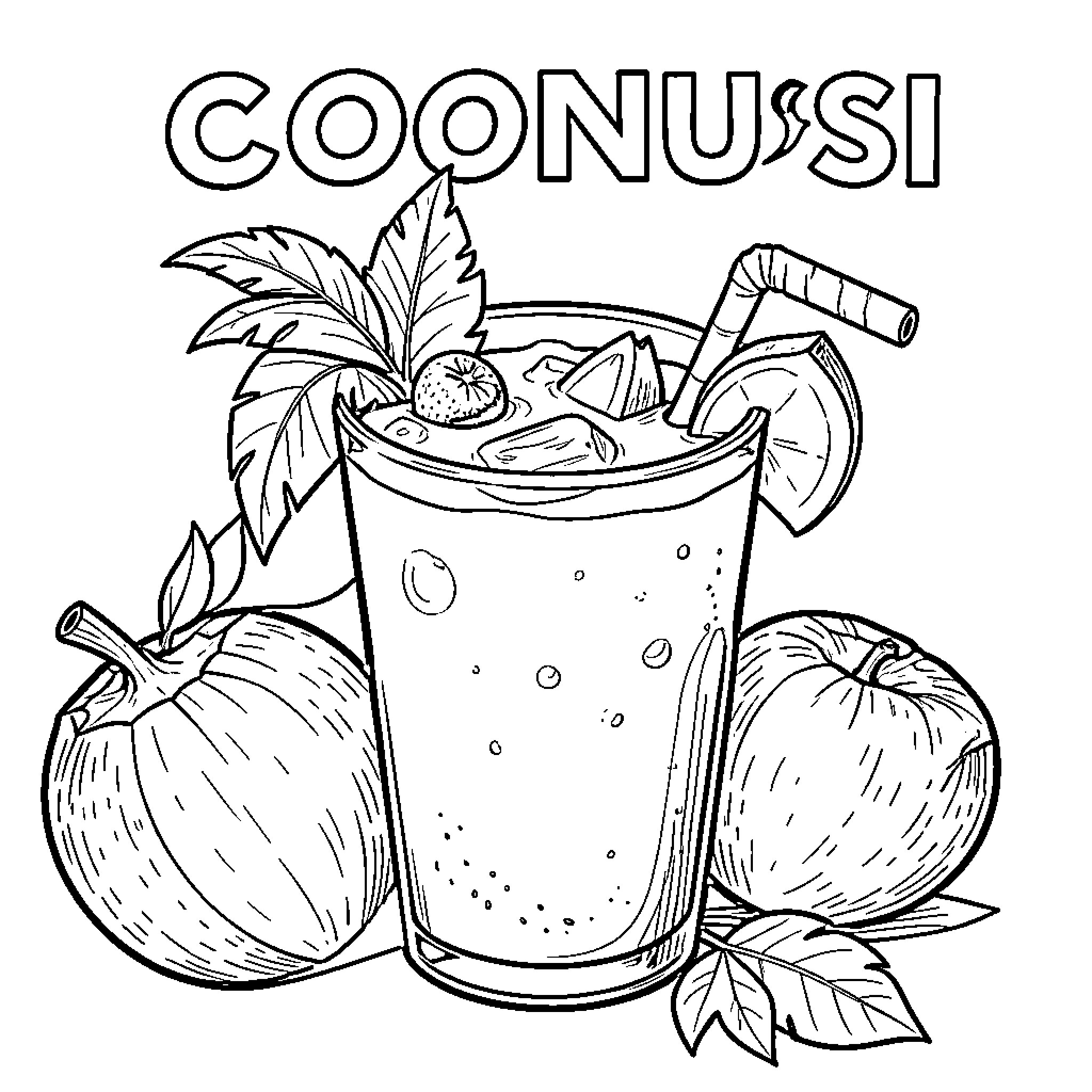 Coconussi refreshing tropical fruit drink with ice Coloring Page (free black-and-white line drawing printable PDF for all, from beginners to advanced learners, including children, teens, adults, and seniors)