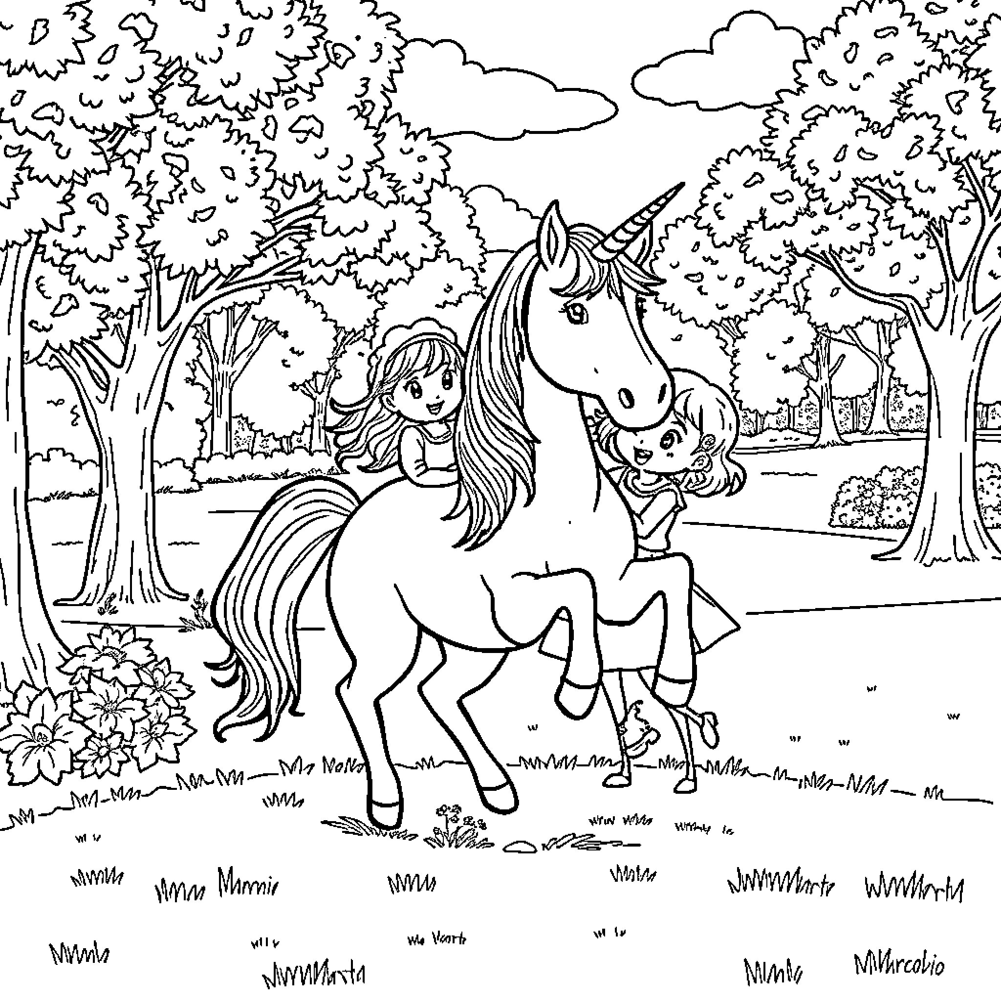 Unicorn and girl exploring the enchanted forest Coloring Page (free black-and-white line drawing printable PDF for all, from beginners to advanced learners, including children, teens, adults, and seniors)