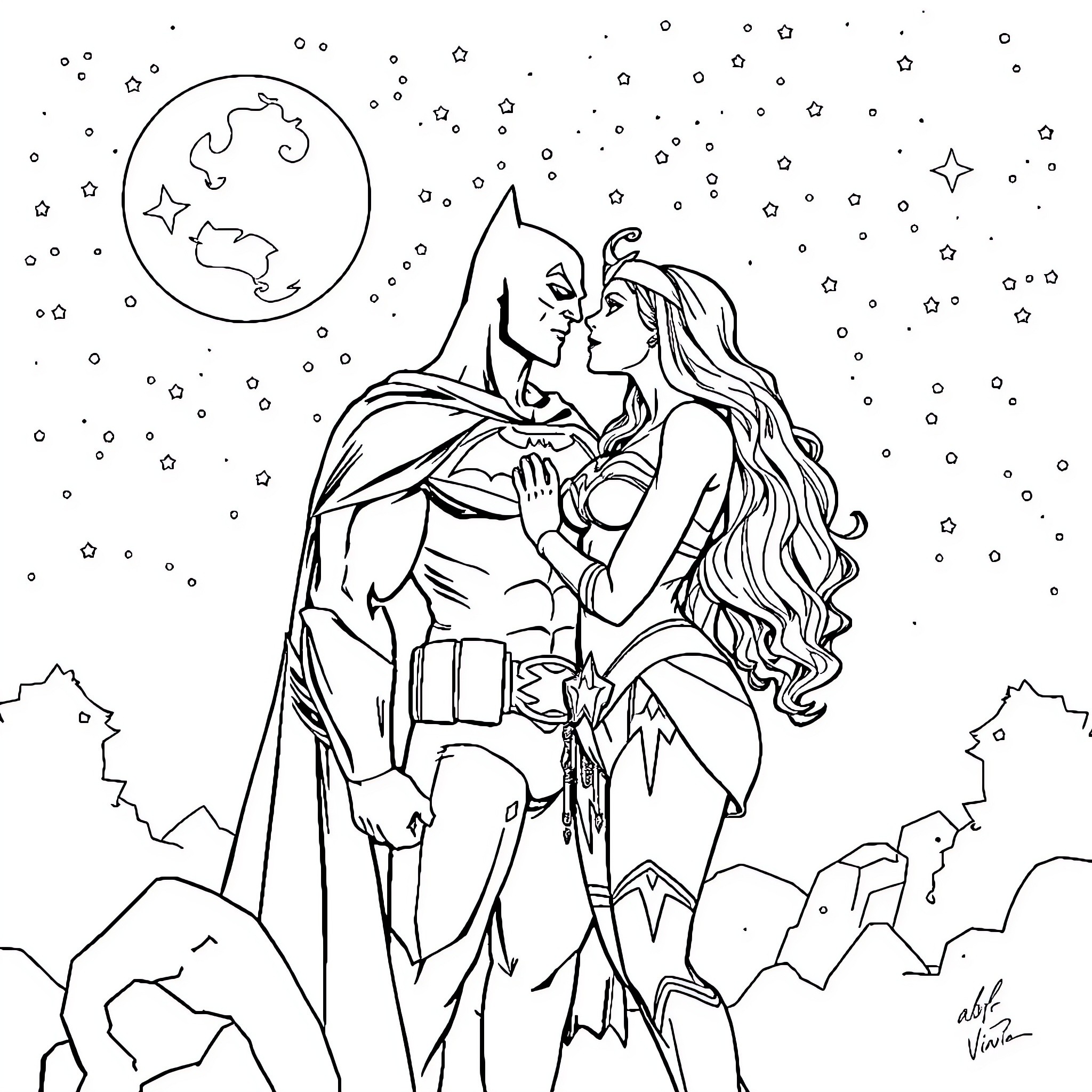 Batman and Wonder Woman embracing under the starry night sky Coloring Page (free black-and-white line drawing printable PDF for all, from beginners to advanced learners, including children, teens, adults, and seniors)