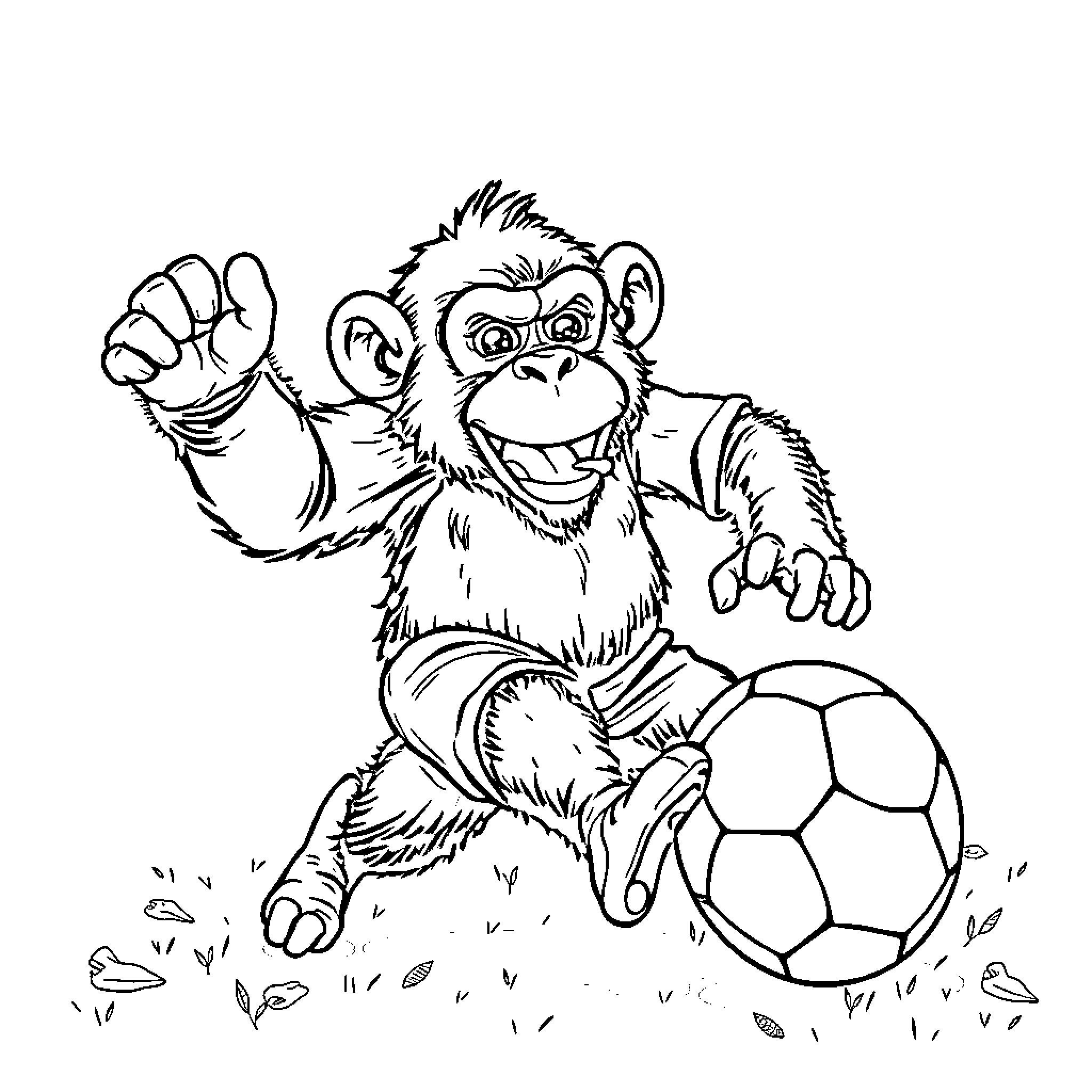 Single Monkey Playing Joyfully with Soccer Ball Coloring Page (free black-and-white line drawing printable PDF for all, from beginners to advanced learners, including children, teens, adults, and seniors)