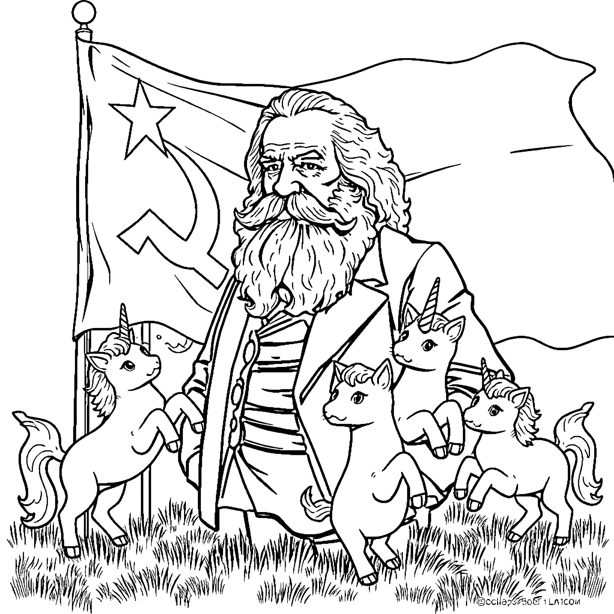 Karl Marx standing with animals and communist flag Coloring Page (free black-and-white line drawing printable PDF for all, from beginners to advanced learners, including children, teens, adults, and seniors)
