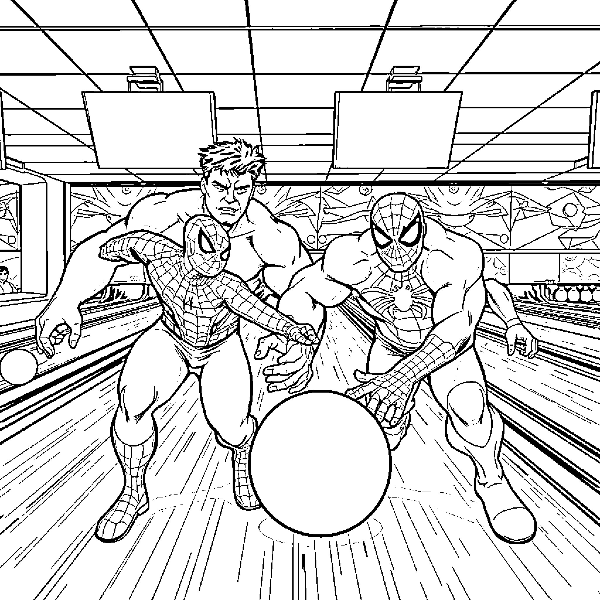 Spider-Man and Hulk Compete in Intense Bowling Match Coloring Page (free black-and-white line drawing printable PDF for all, from beginners to advanced learners, including children, teens, adults, and seniors)