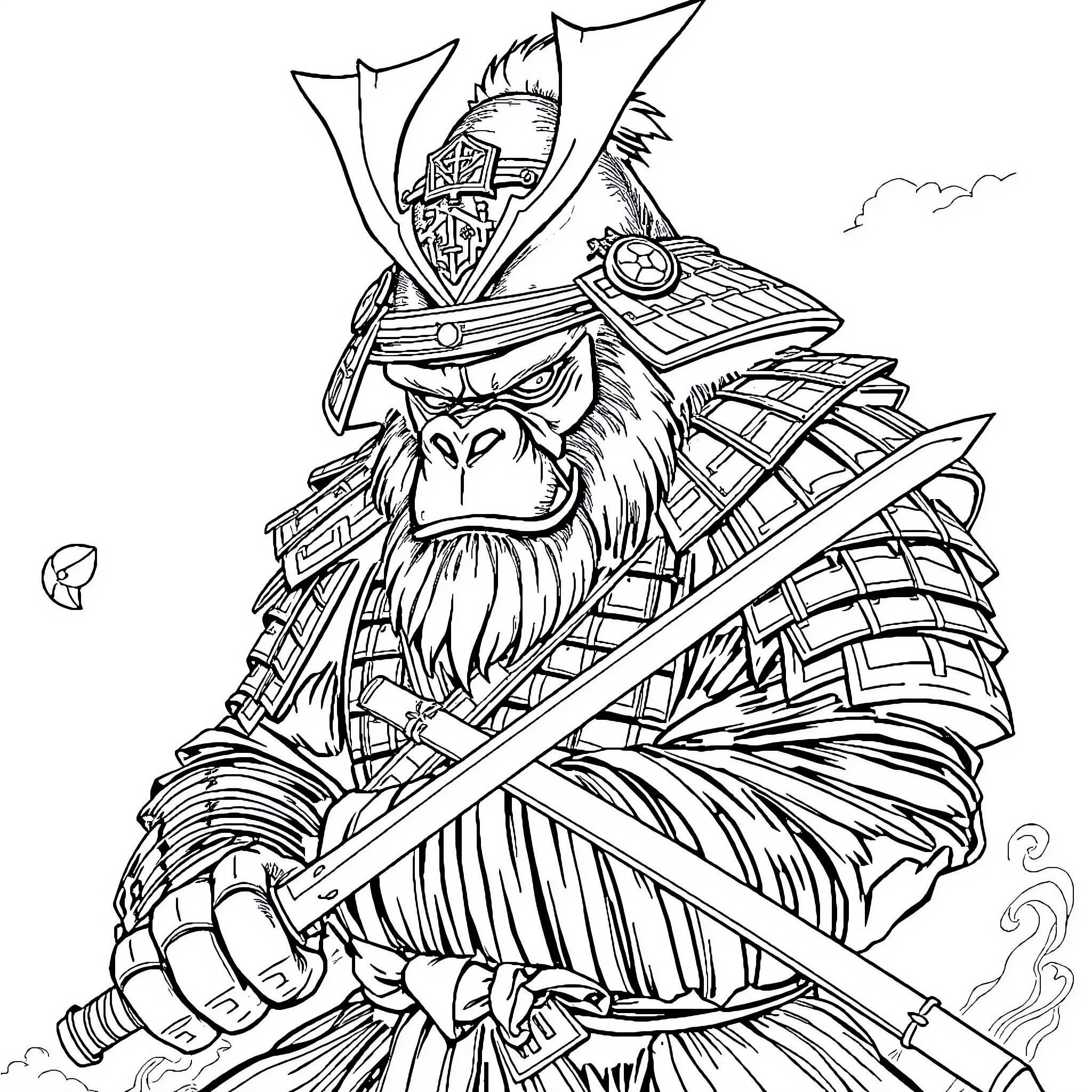 Gorilla Warrior Wielding Katana in Samurai Attire Coloring Page (free black-and-white line drawing printable PDF for all, from beginners to advanced learners, including children, teens, adults, and seniors)
