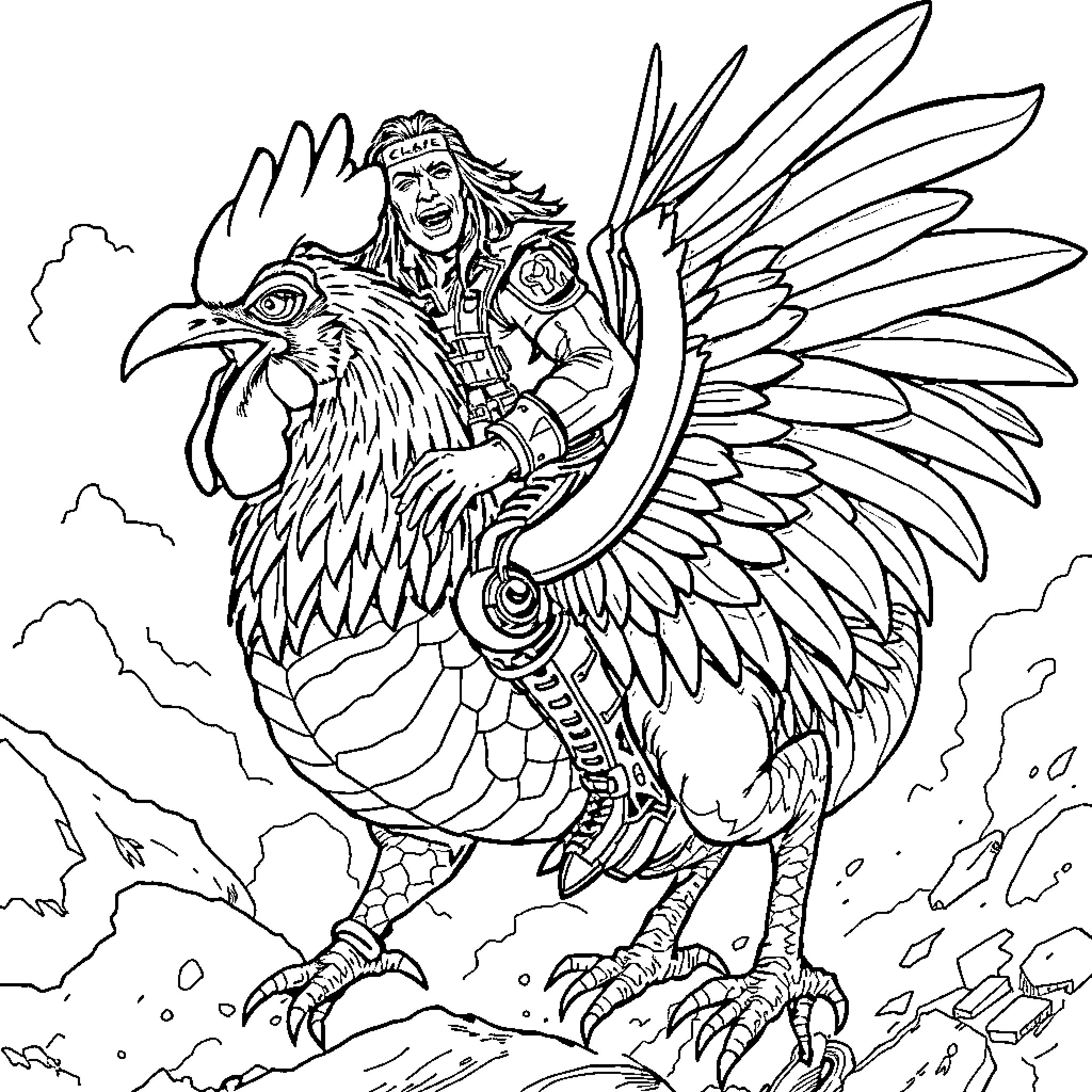 Ace Frehley riding a mighty cosmic rooster Coloring Page (free black-and-white line drawing printable PDF for all, from beginners to advanced learners, including children, teens, adults, and seniors)