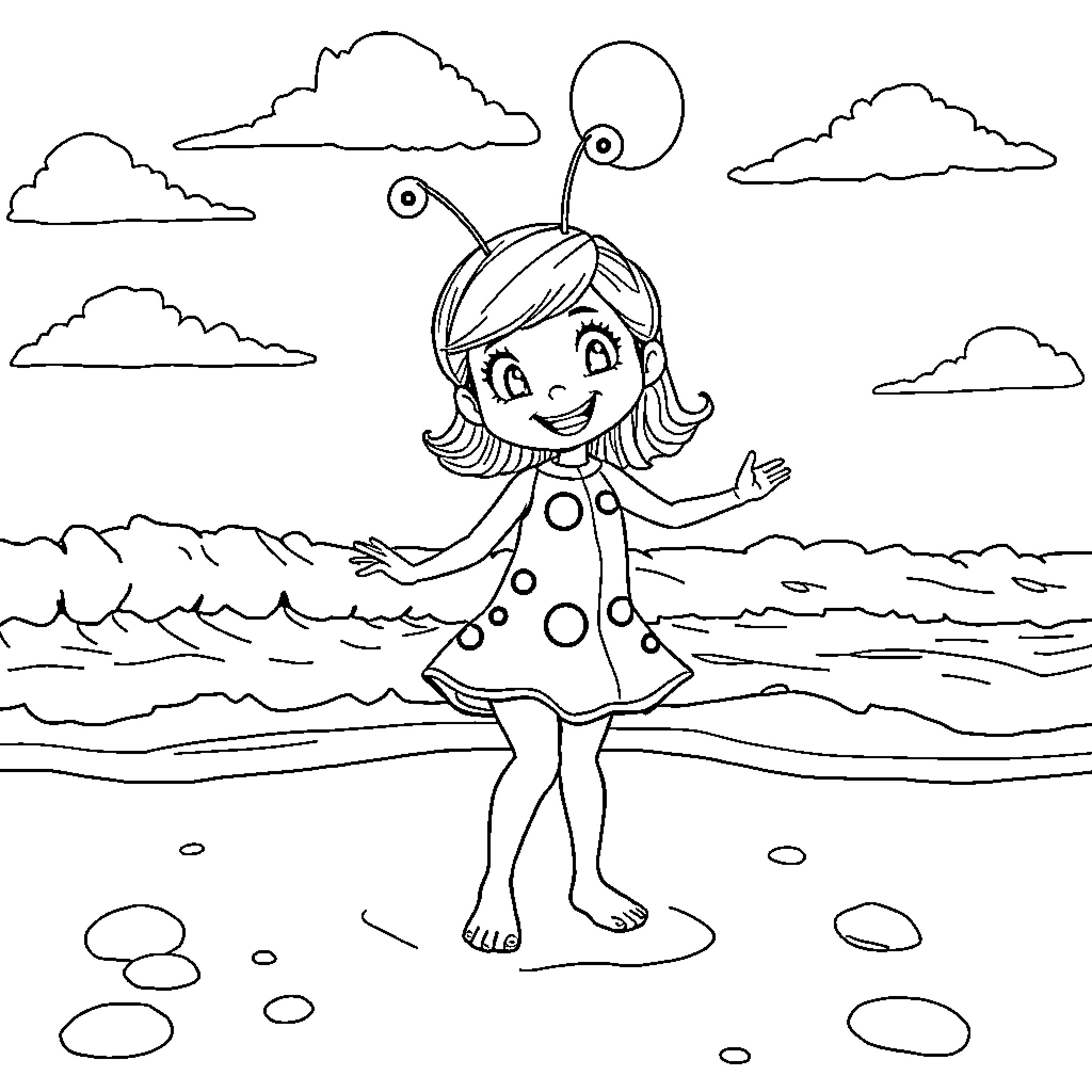 Ladybug girl enjoying a sunny day on the beach Coloring Page (free black-and-white line drawing printable PDF for all, from beginners to advanced learners, including children, teens, adults, and seniors)