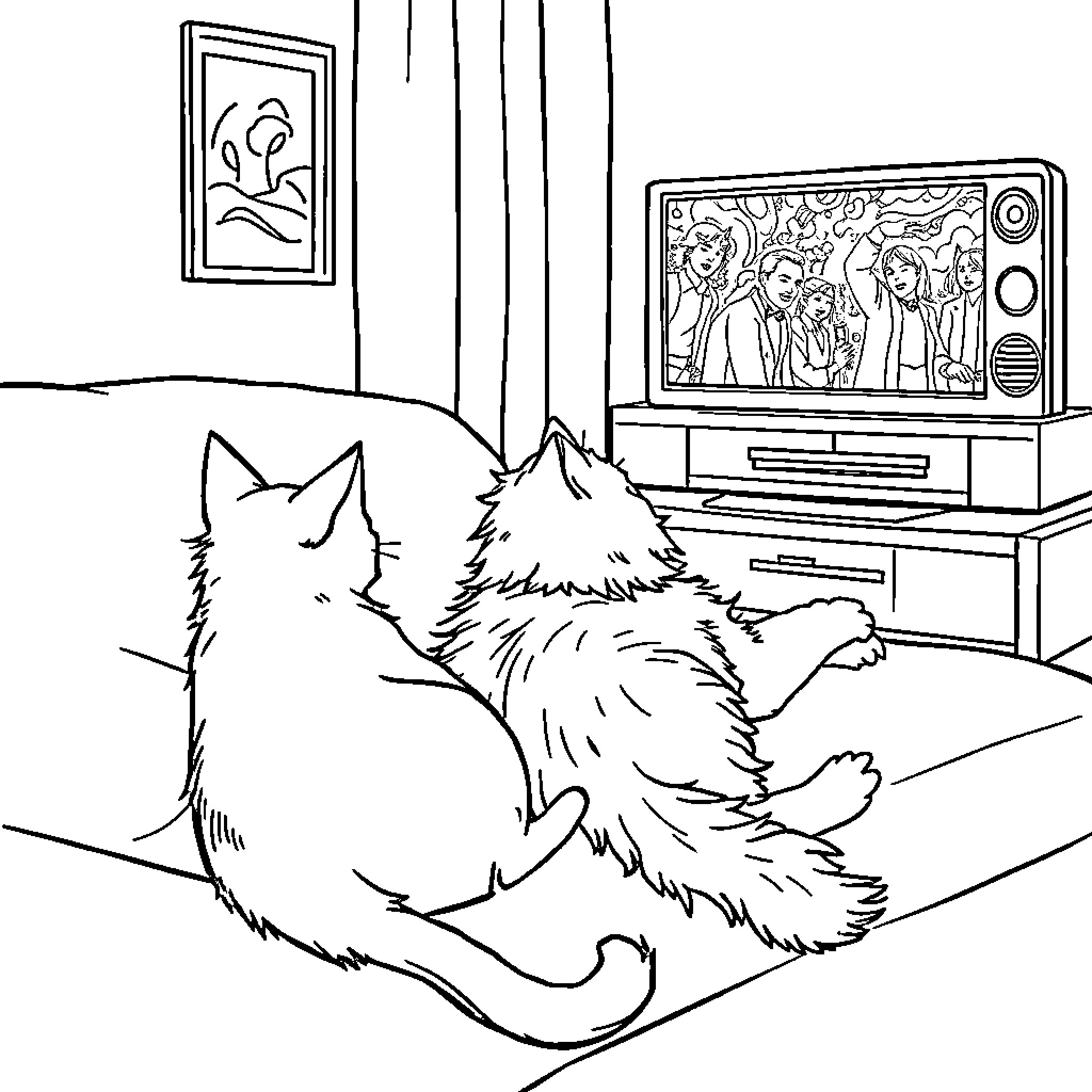 Cats watching TV in a cozy room Coloring Page (free black-and-white line drawing printable PDF for all, from beginners to advanced learners, including children, teens, adults, and seniors)