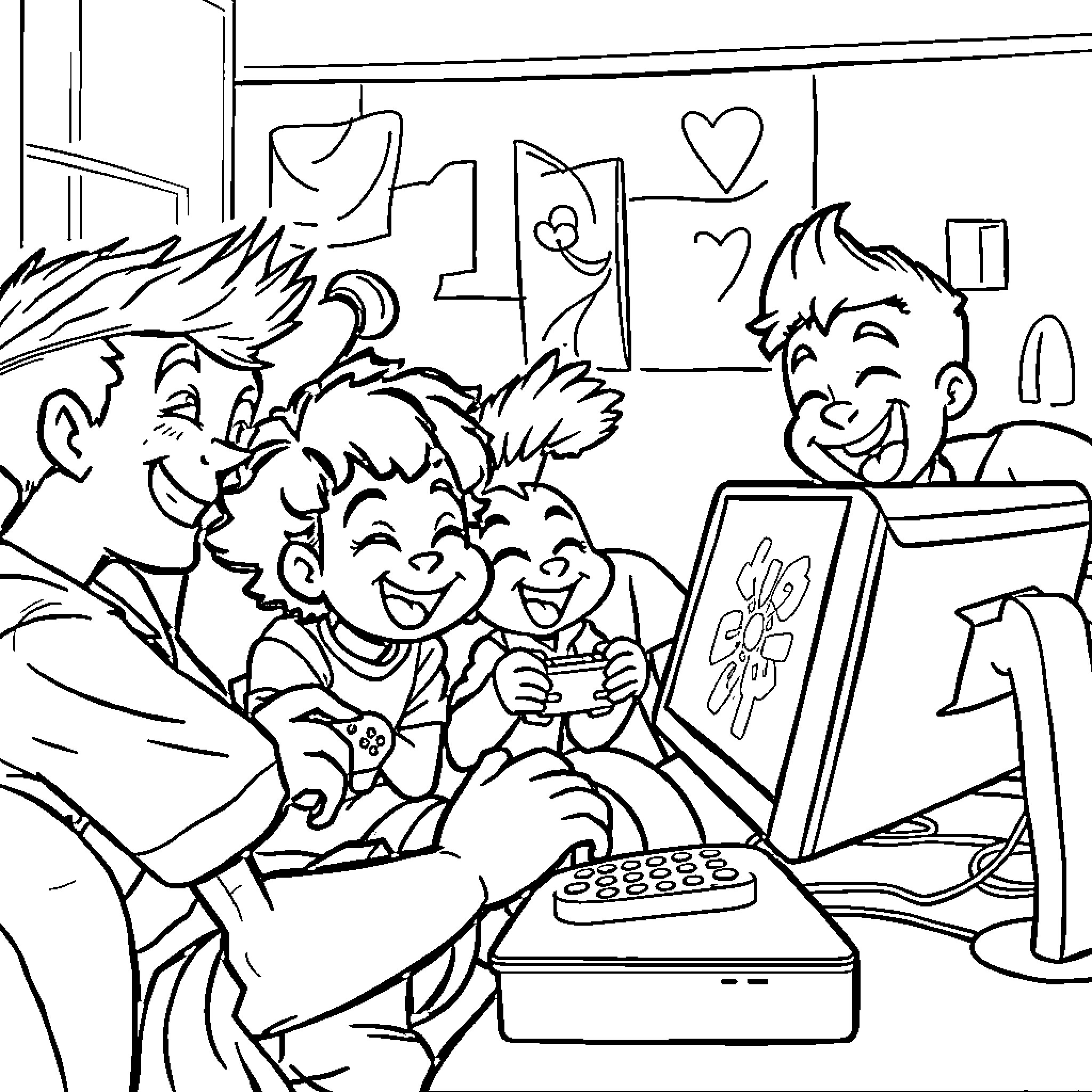 Among Us: Family Bonding Over Games and Art Coloring Page (free black-and-white line drawing printable PDF for all, from beginners to advanced learners, including children, teens, adults, and seniors)