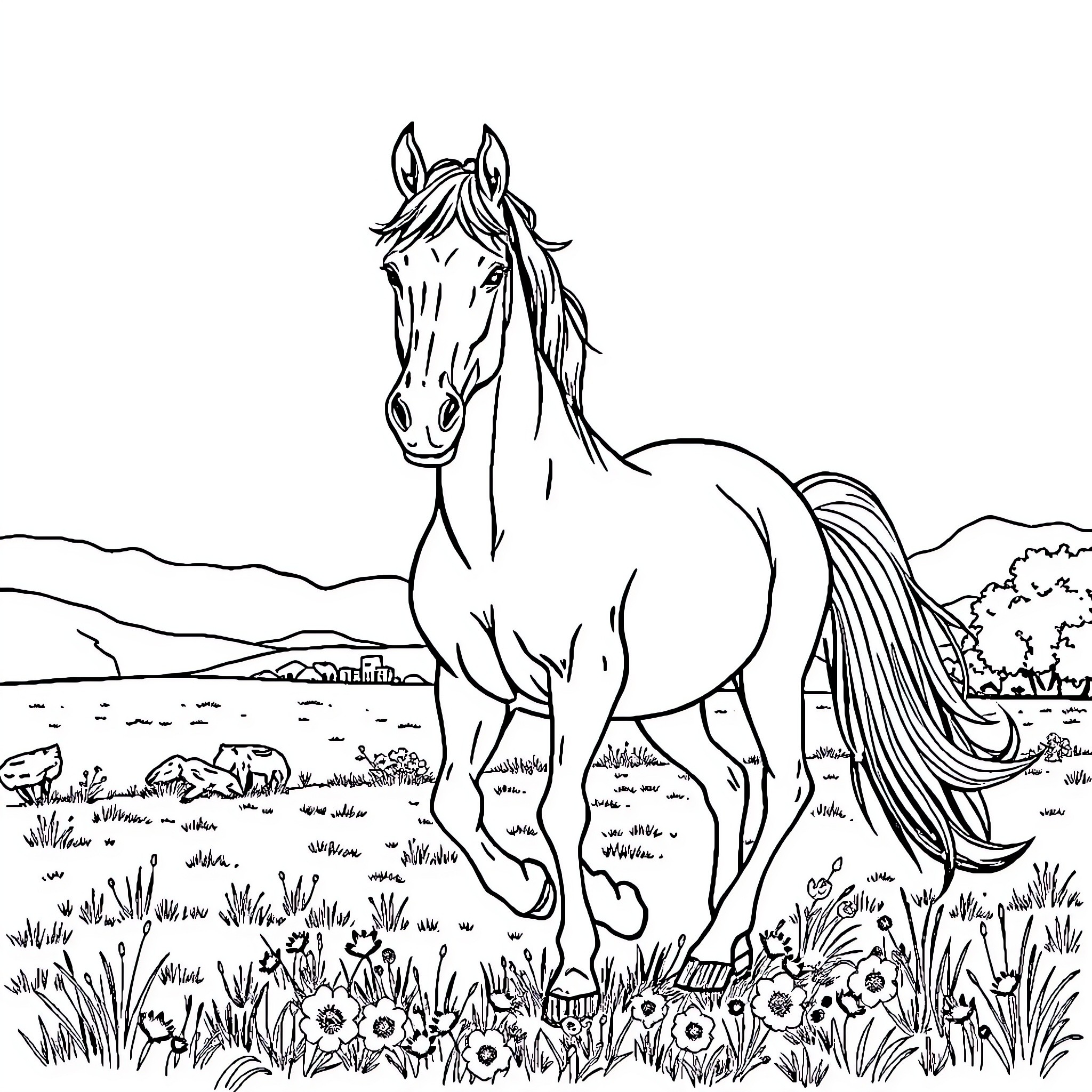 Horse standing proudly in a field of flowers Coloring Page (free black-and-white line drawing printable PDF for all, from beginners to advanced learners, including children, teens, adults, and seniors)