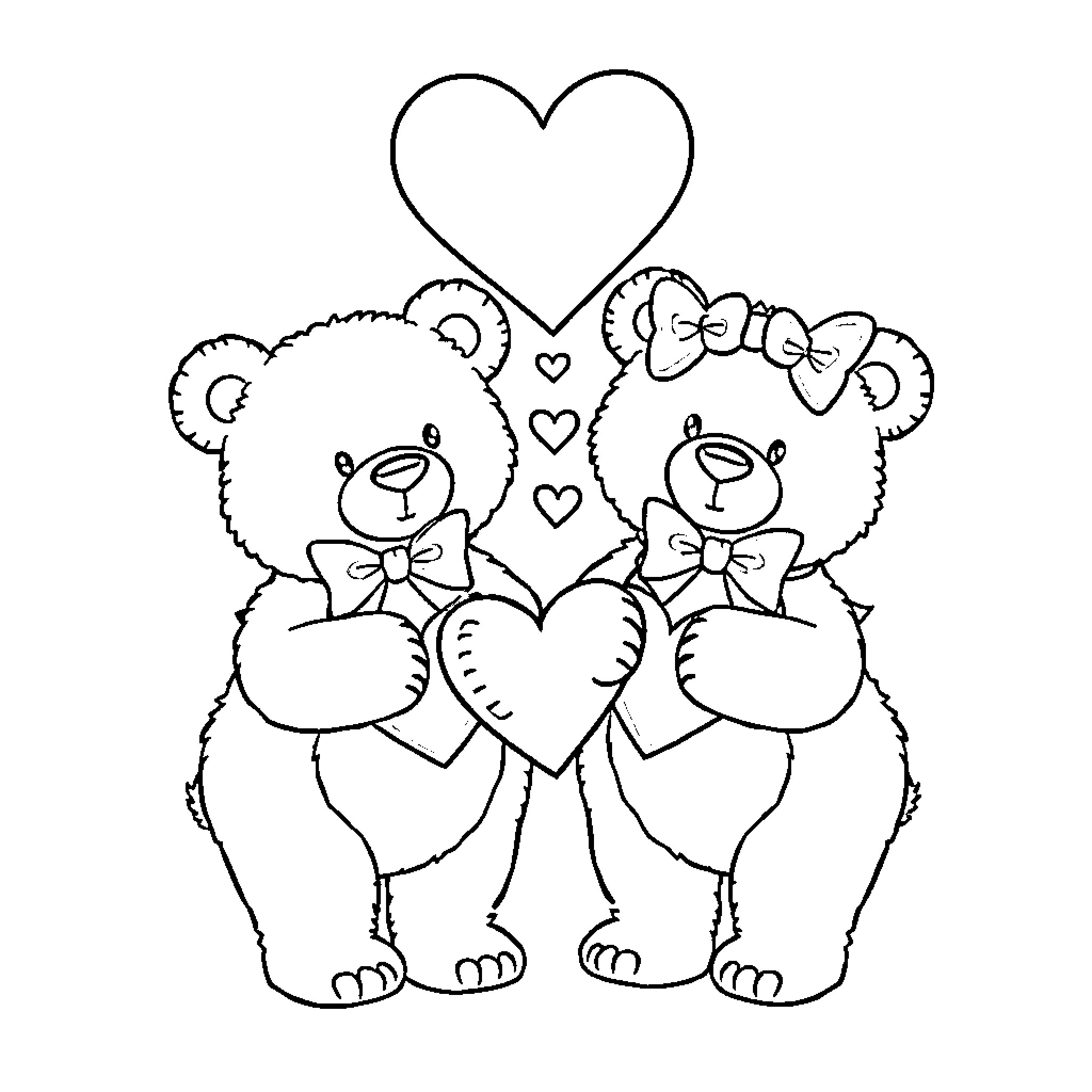 Bear couple holding heart-shaped balloons Coloring Page (free black-and-white line drawing printable PDF for all, from beginners to advanced learners, including children, teens, adults, and seniors)
