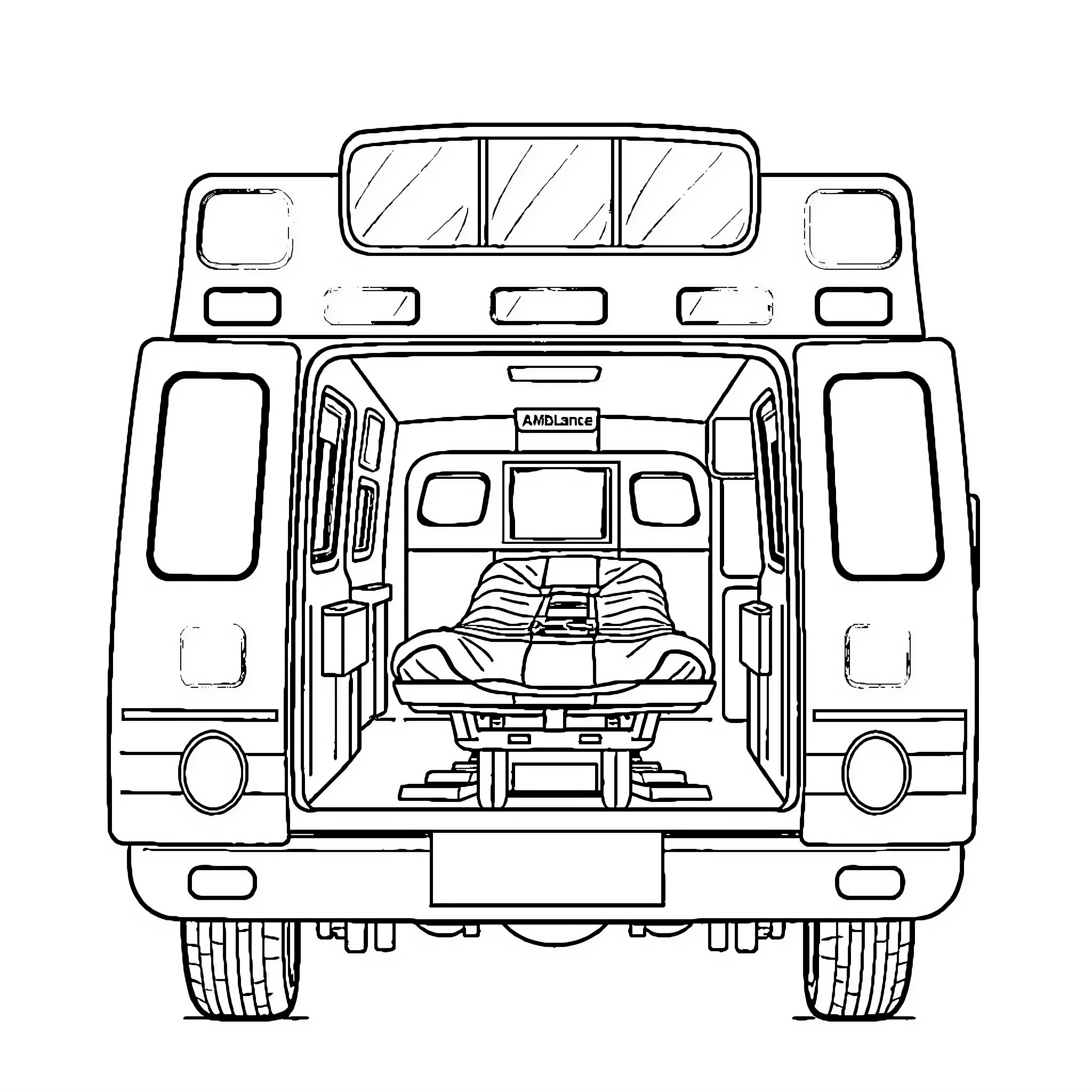 Ambulance transporting patient in emergency Coloring Page (free black-and-white line drawing printable PDF for all, from beginners to advanced learners, including children, teens, adults, and seniors)