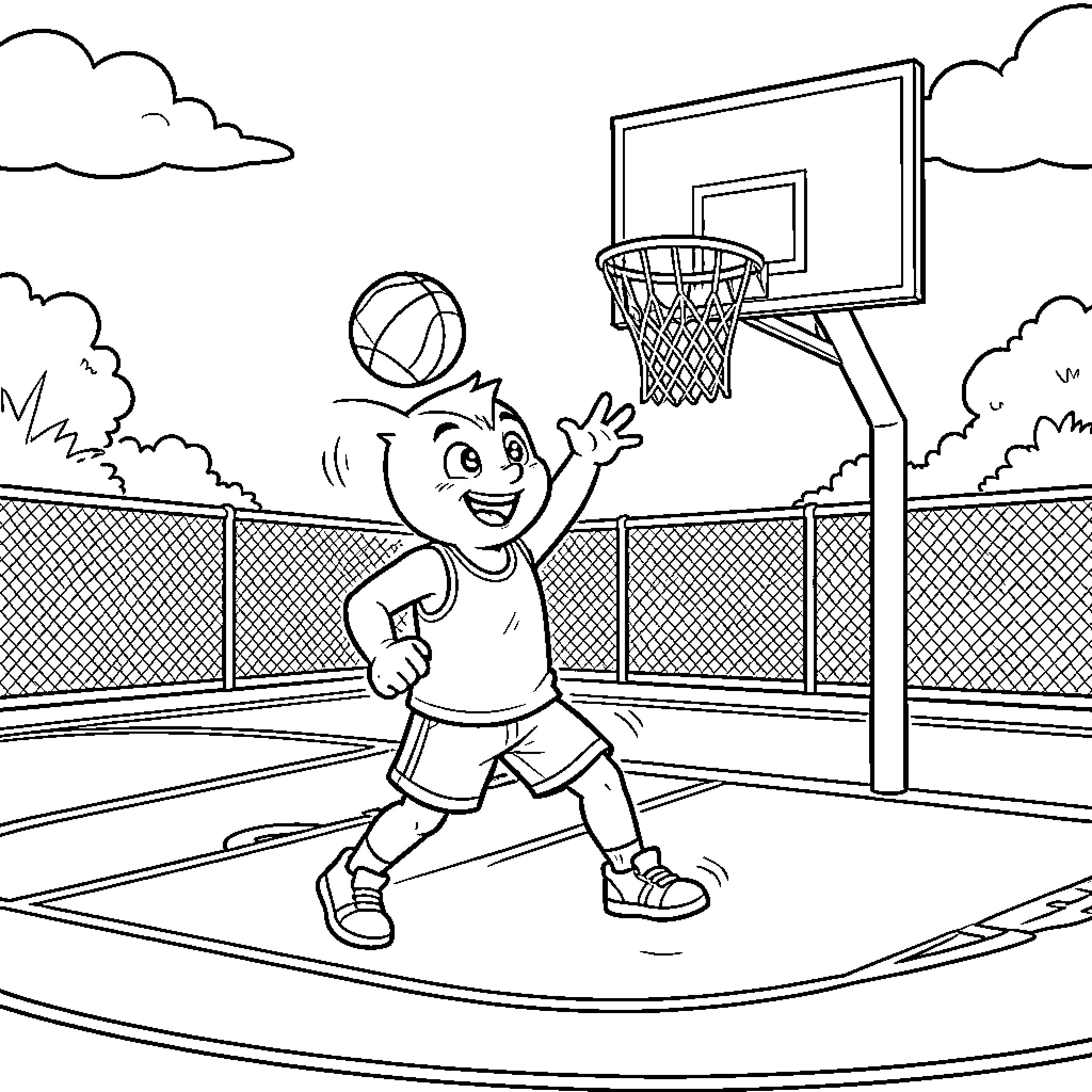 Buzz Lightyear inspired character playing basketball on a court Coloring Page (free black-and-white line drawing printable PDF for all, from beginners to advanced learners, including children, teens, adults, and seniors)