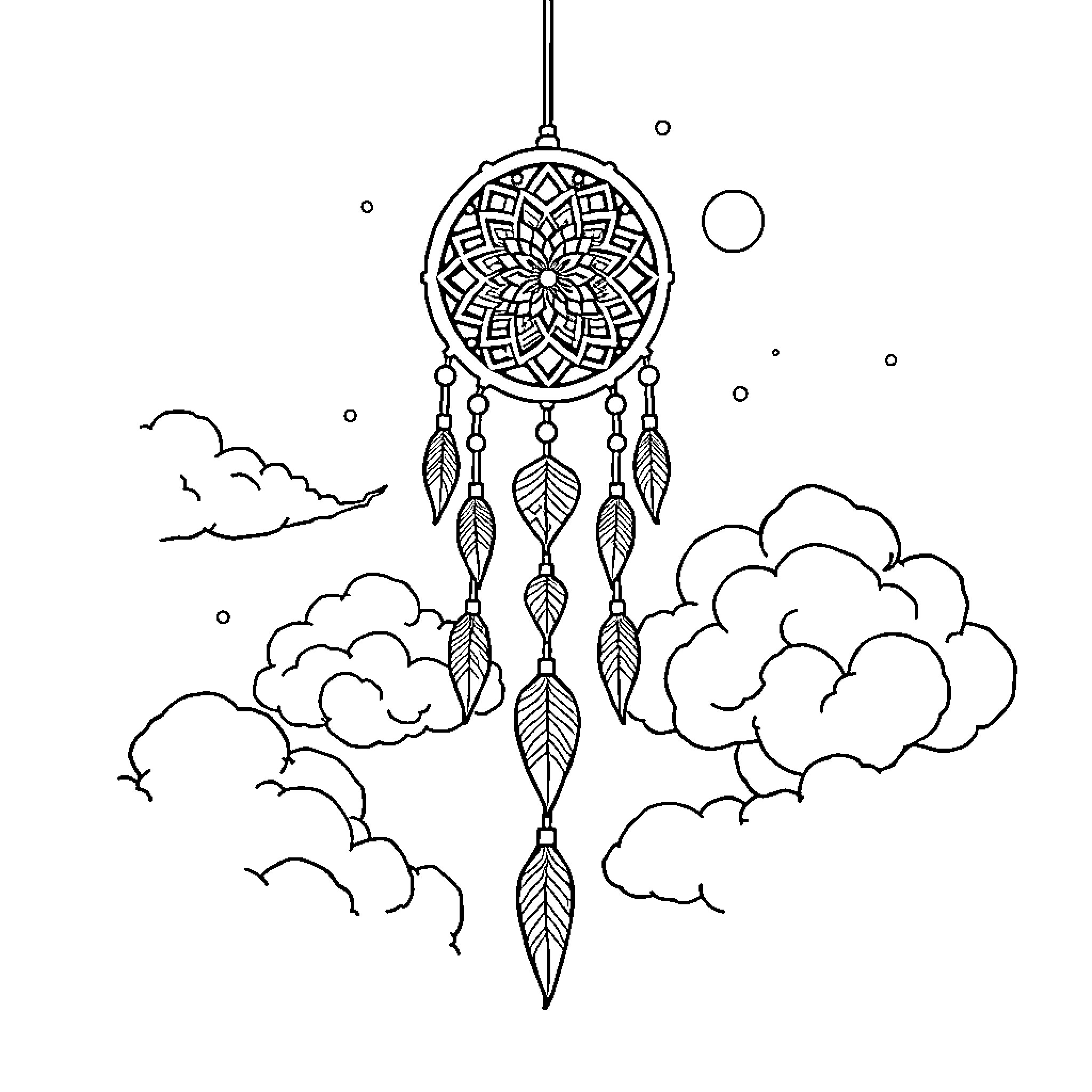 Dreamcatcher floating among the clouds Coloring Page (free black-and-white line drawing printable PDF for all, from beginners to advanced learners, including children, teens, adults, and seniors)