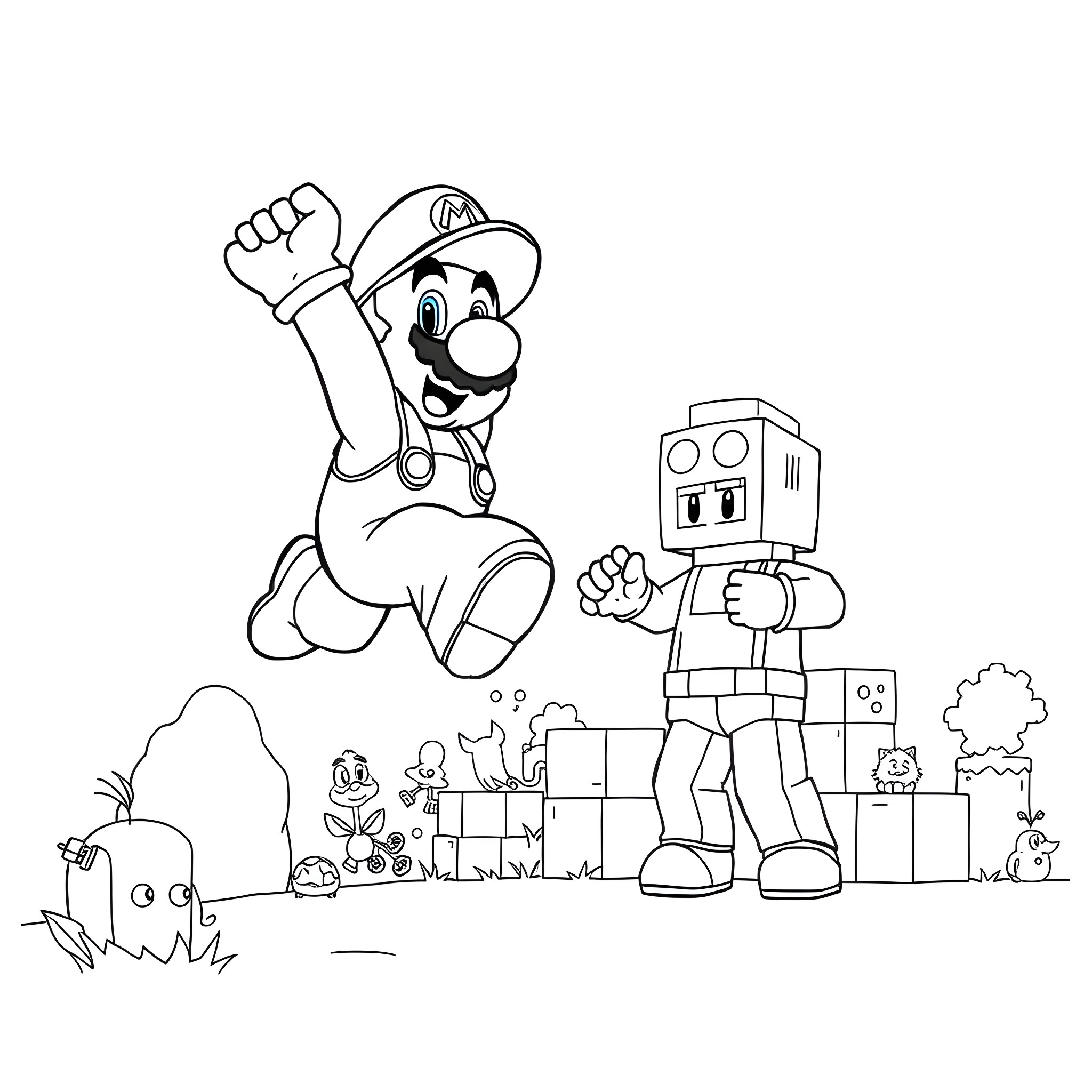 Mario Jumping with Joy and Robot Companion Coloring Page (free black-and-white line drawing printable PDF for all, from beginners to advanced learners, including children, teens, adults, and seniors)
