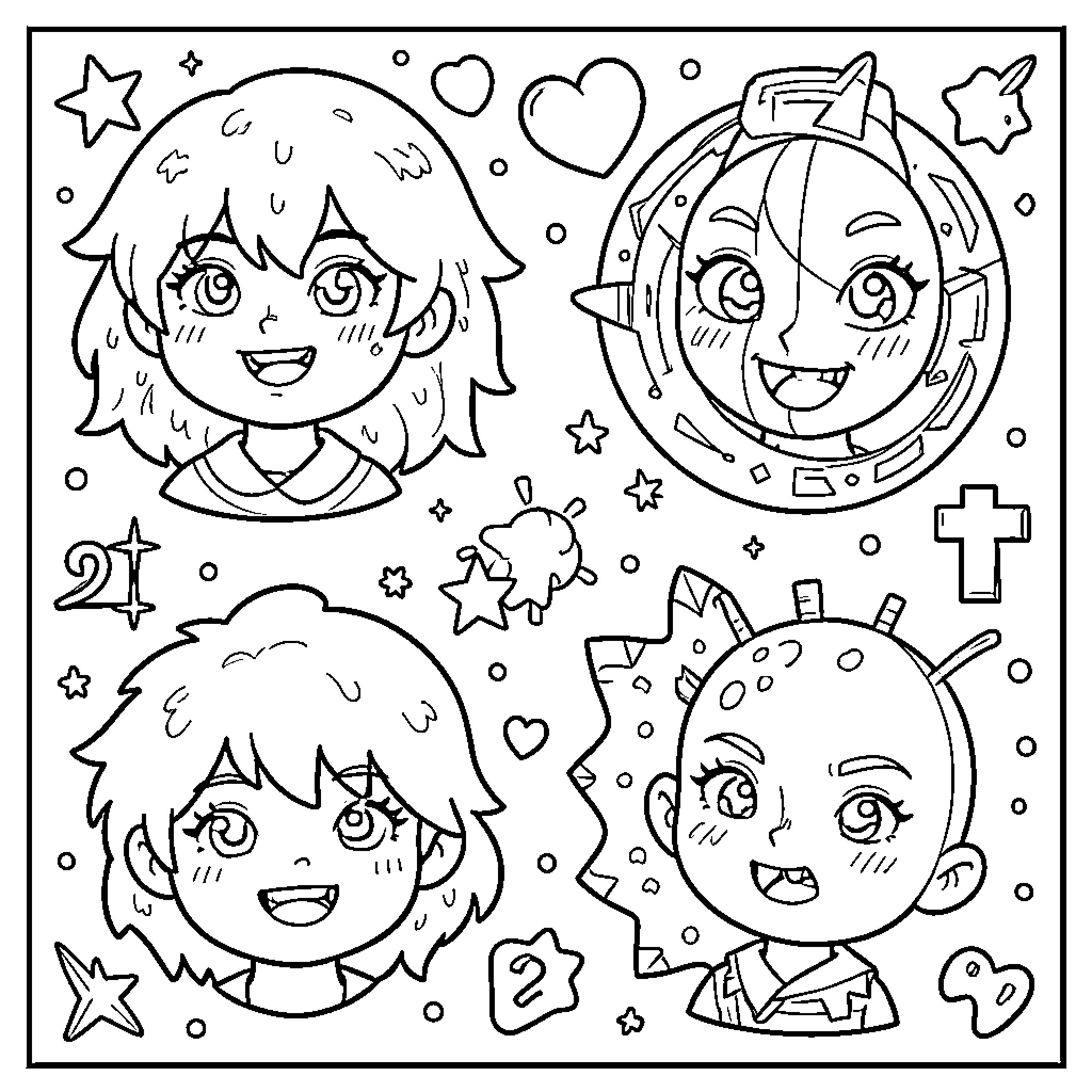 Unknown playful characters in a whimsical scene Coloring Page (free black-and-white line drawing printable PDF for all, from beginners to advanced learners, including children, teens, adults, and seniors)