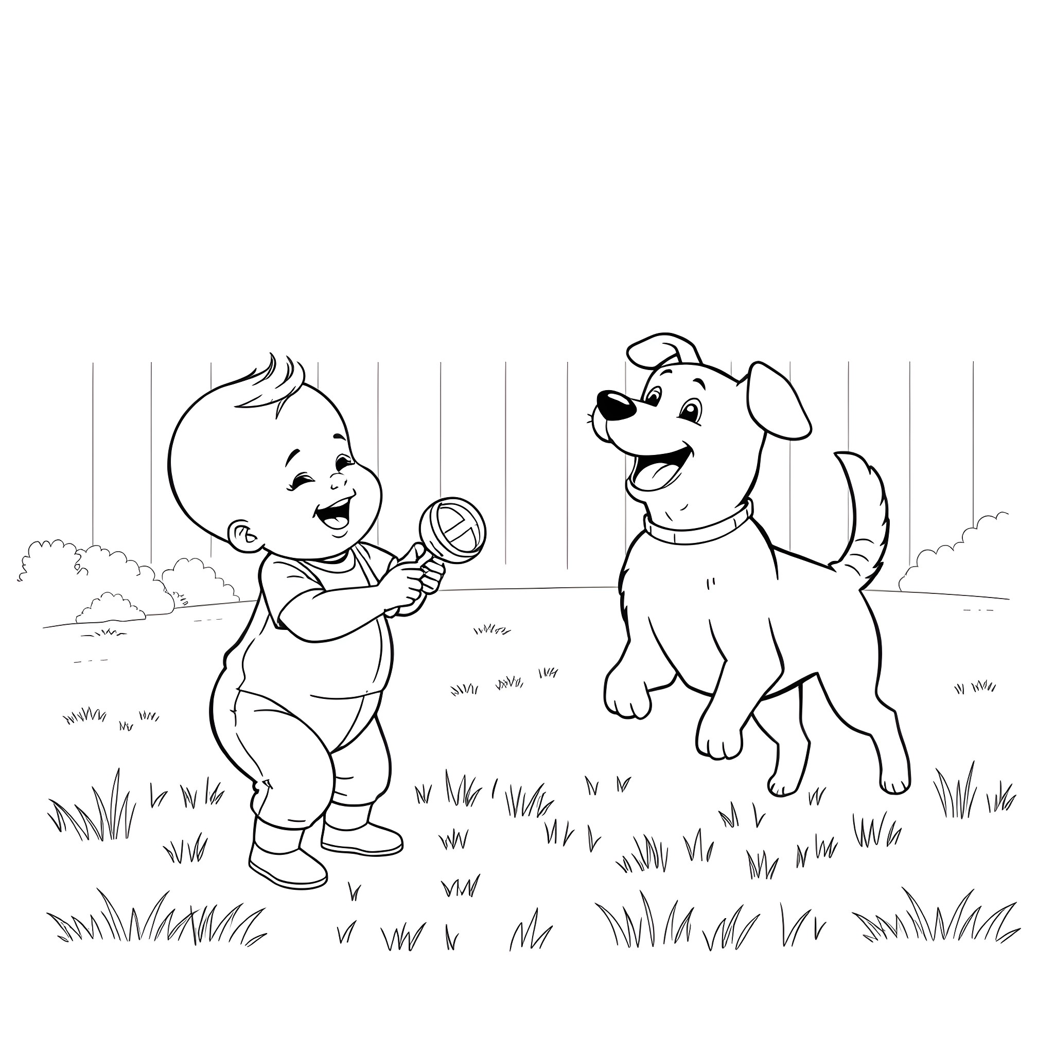 Baby playing with happy dog in the park Coloring Page (free black-and-white line drawing printable PDF for all, from beginners to advanced learners, including children, teens, adults, and seniors)