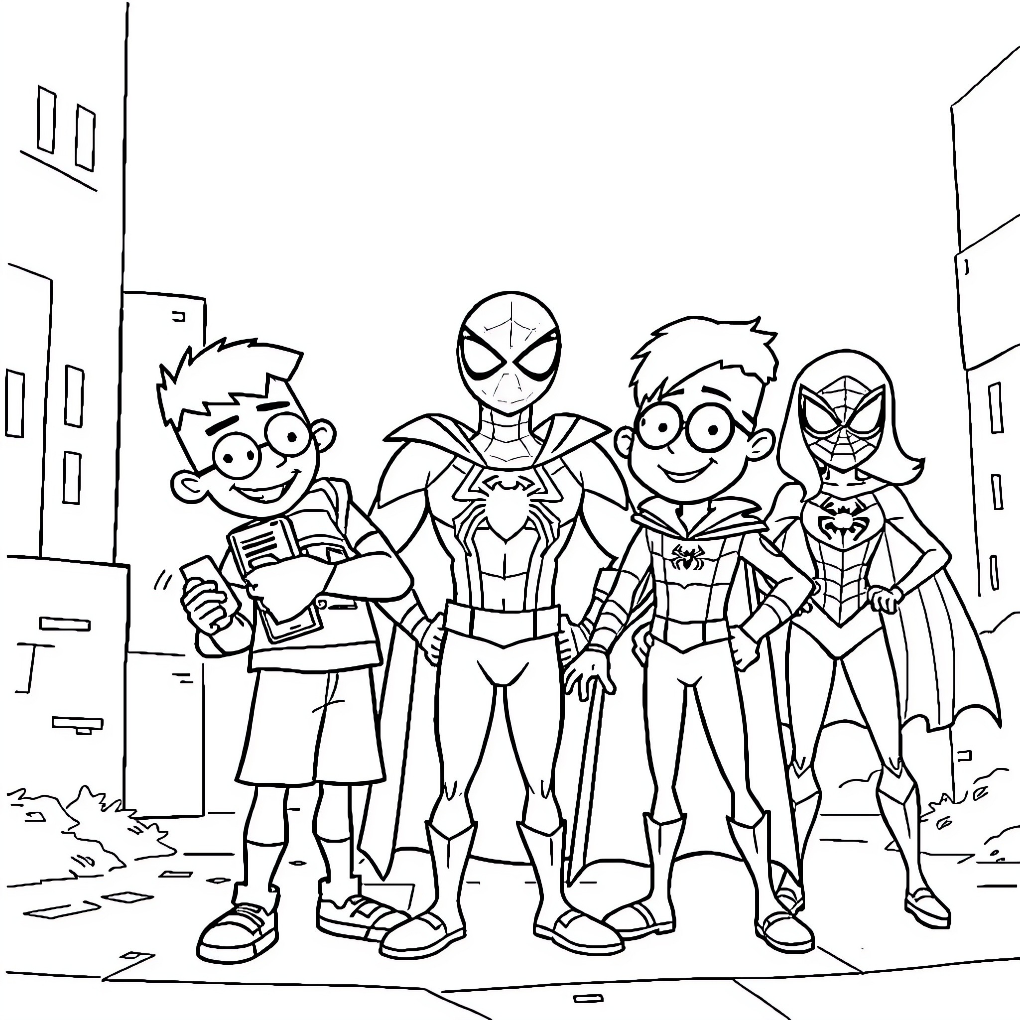 Spider Heroes in action packed scene Coloring Page (free black-and-white line drawing printable PDF for all, from beginners to advanced learners, including children, teens, adults, and seniors)