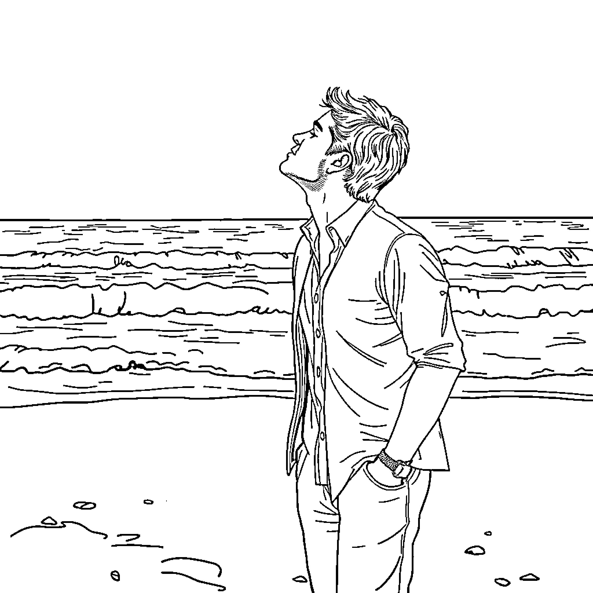 Beto O'Rourke contemplating the horizon by the sea Coloring Page (free black-and-white line drawing printable PDF for all, from beginners to advanced learners, including children, teens, adults, and seniors)