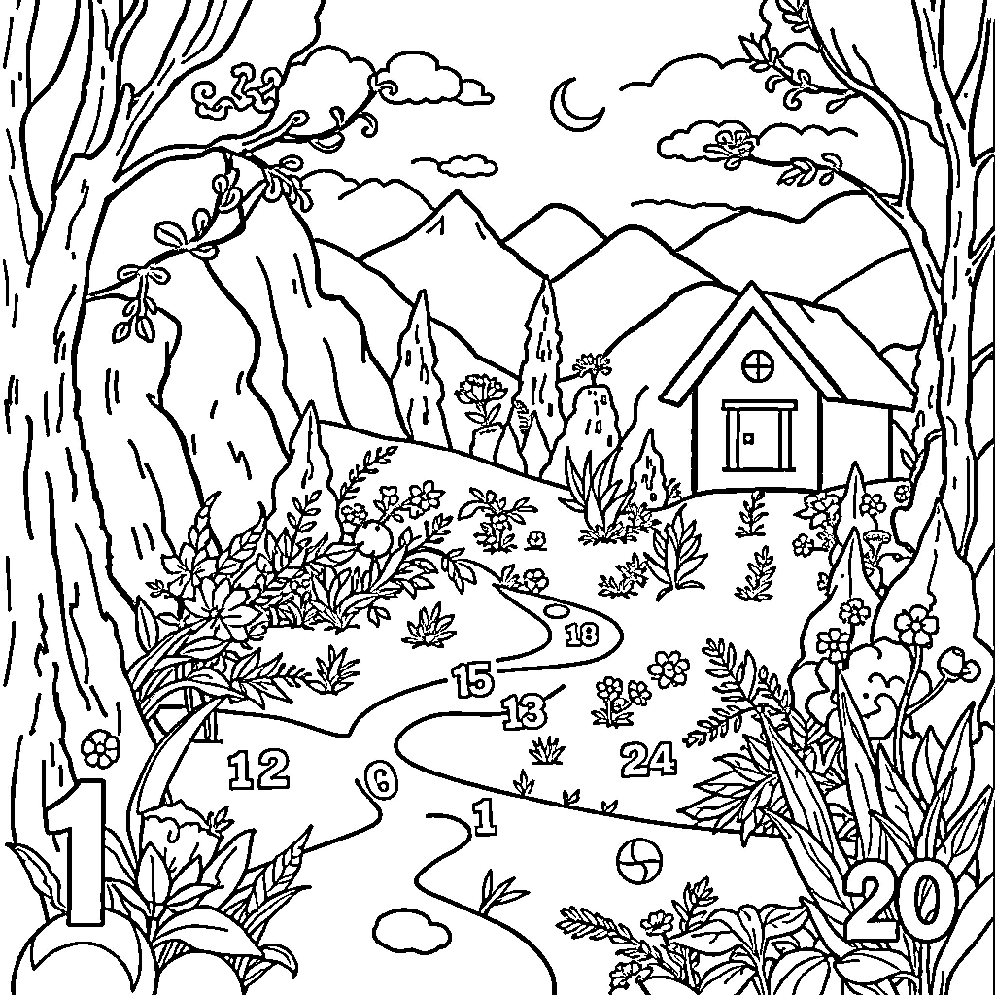 Number Mountain Scenery With Hidden Numbers Coloring Page (free black-and-white line drawing printable PDF for all, from beginners to advanced learners, including children, teens, adults, and seniors)