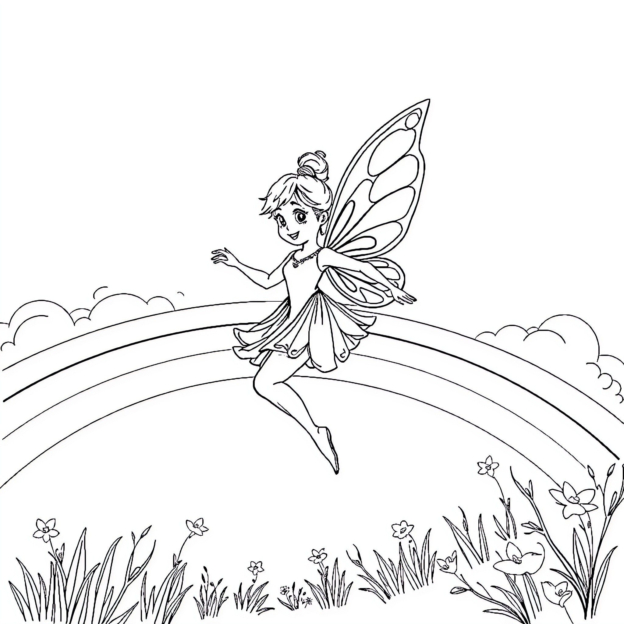 Fairy dancing gracefully on a rainbow Coloring Page (free black-and-white line drawing printable PDF for all, from beginners to advanced learners, including children, teens, adults, and seniors)