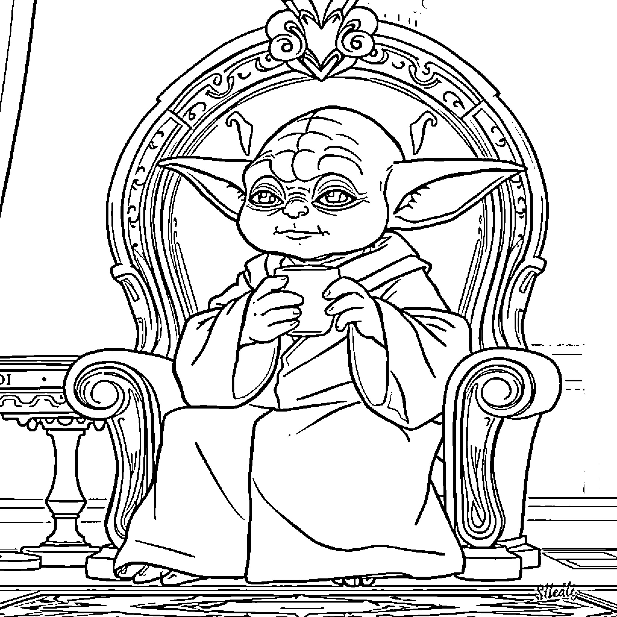 Baby Yoda sitting in an ornate throne Coloring Page (free black-and-white line drawing printable PDF for all, from beginners to advanced learners, including children, teens, adults, and seniors)