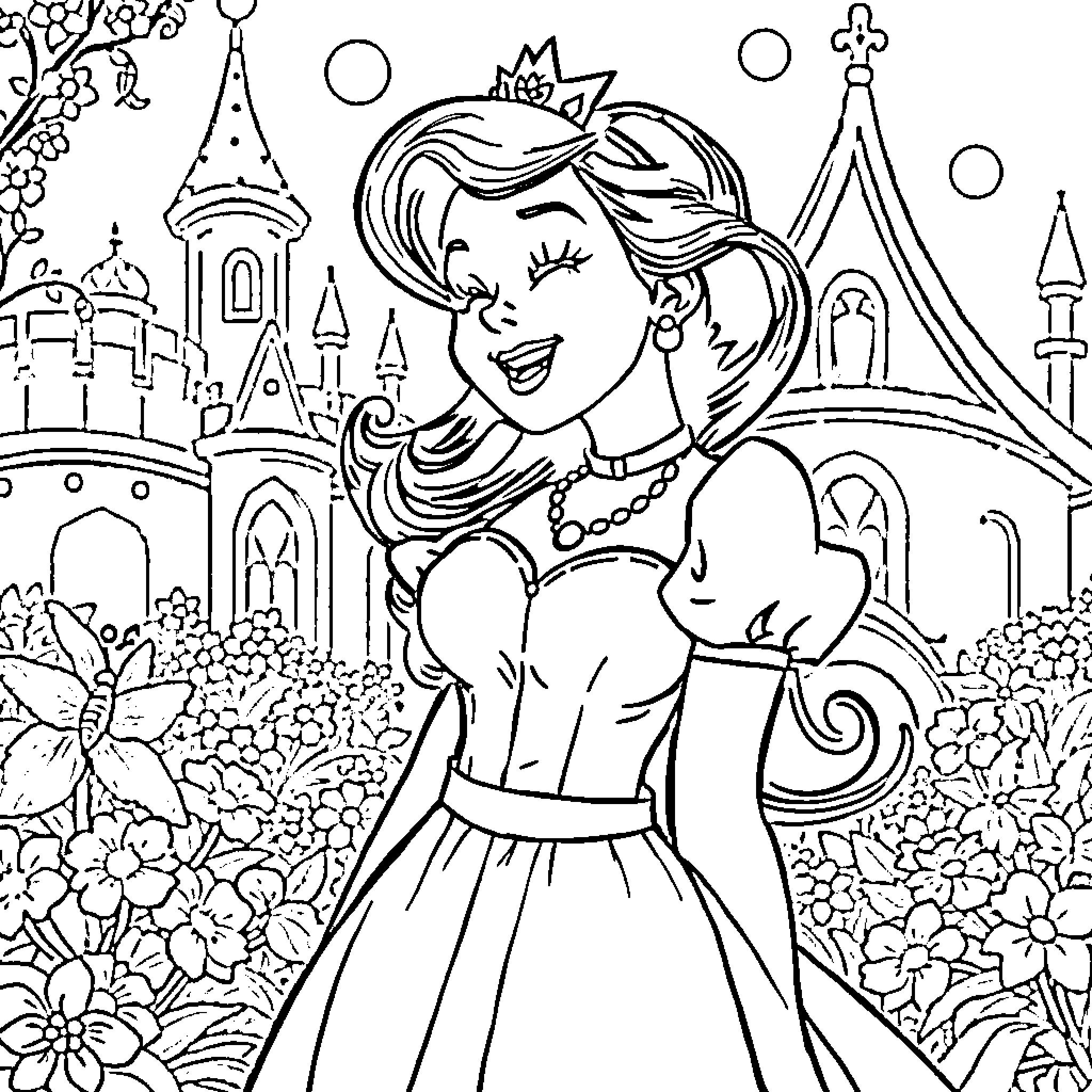Snow White in a Fairytale Castle with Flowers Coloring Page (free black-and-white line drawing printable PDF for all, from beginners to advanced learners, including children, teens, adults, and seniors)